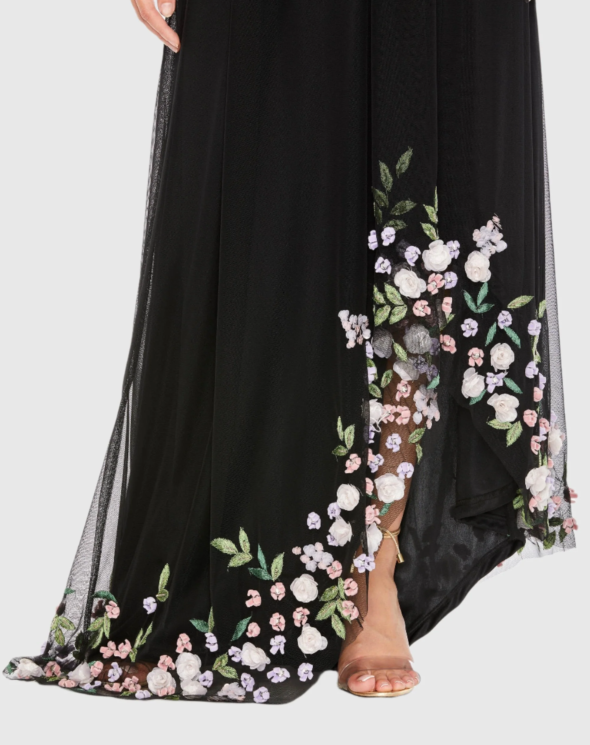 Black One Shoulder Trapeze Embellished High Low Gown