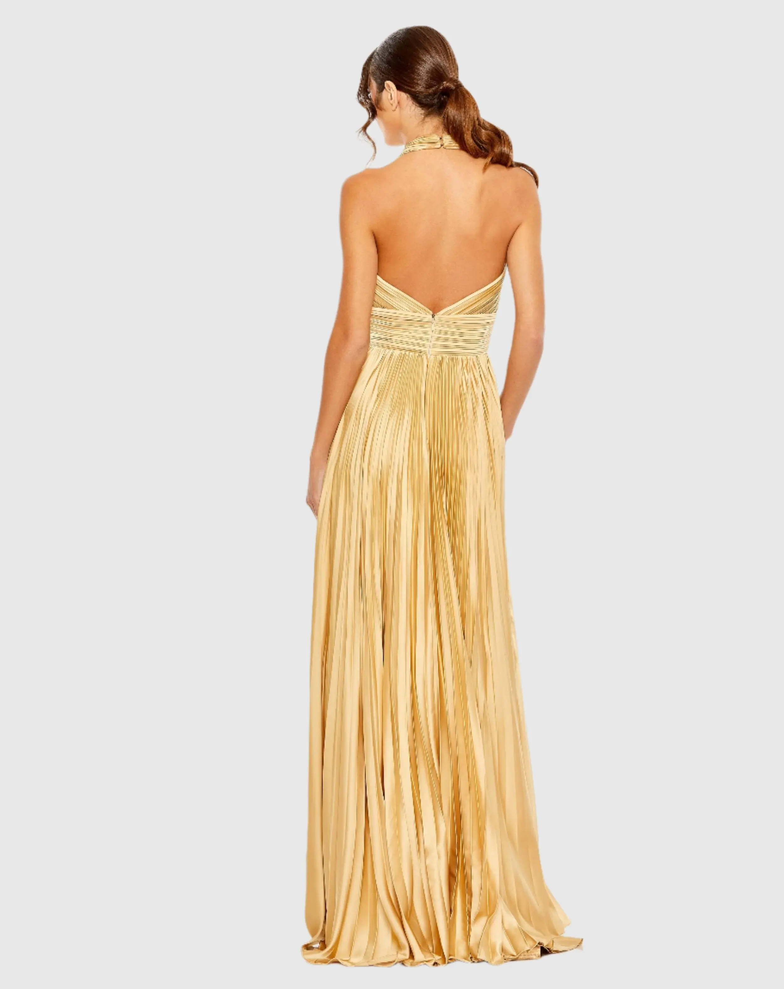 Gold Pleated Halter Neck Gown with Center Bow