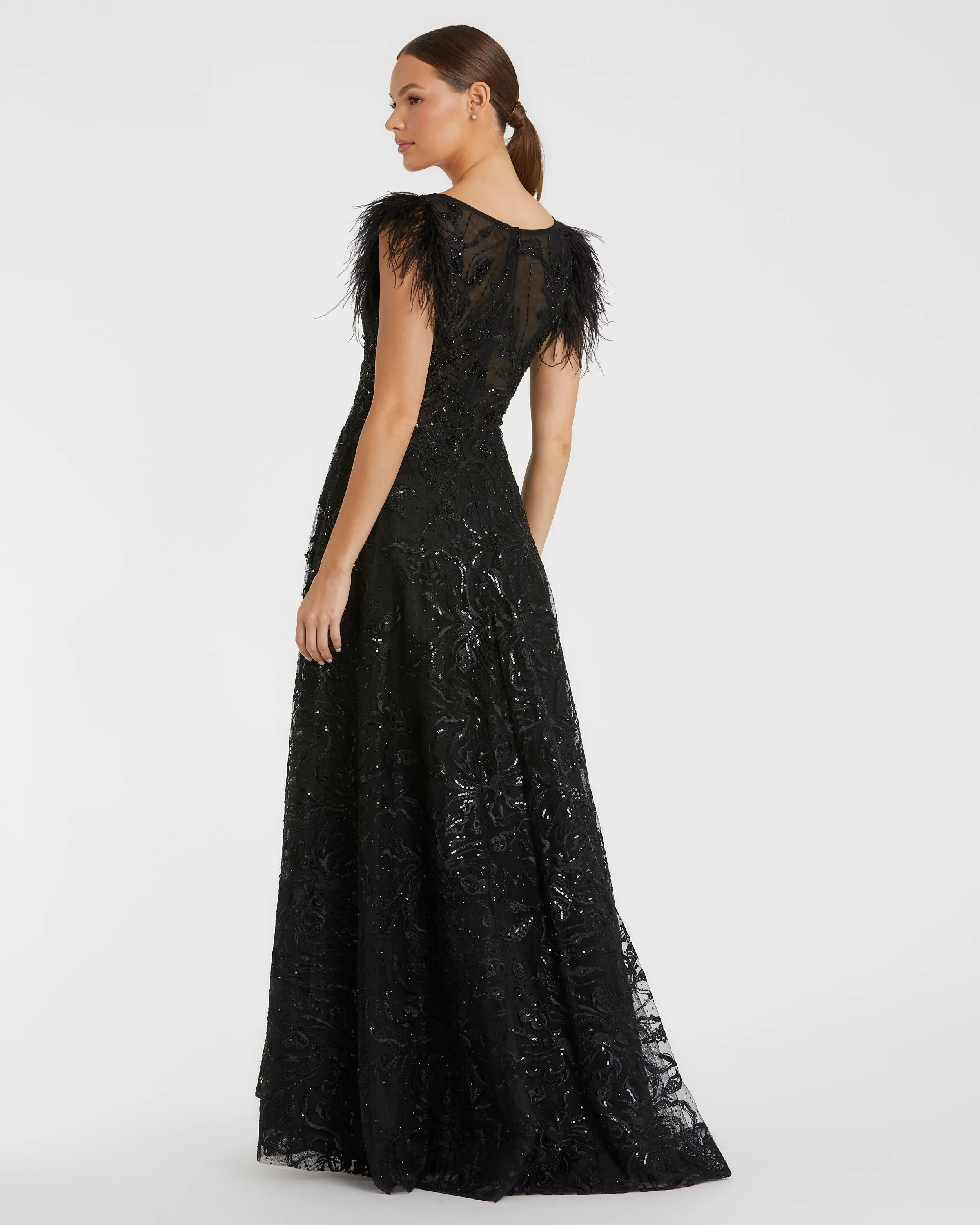Black Embellished Feather Cap Sleeve Bateau A Line Gown