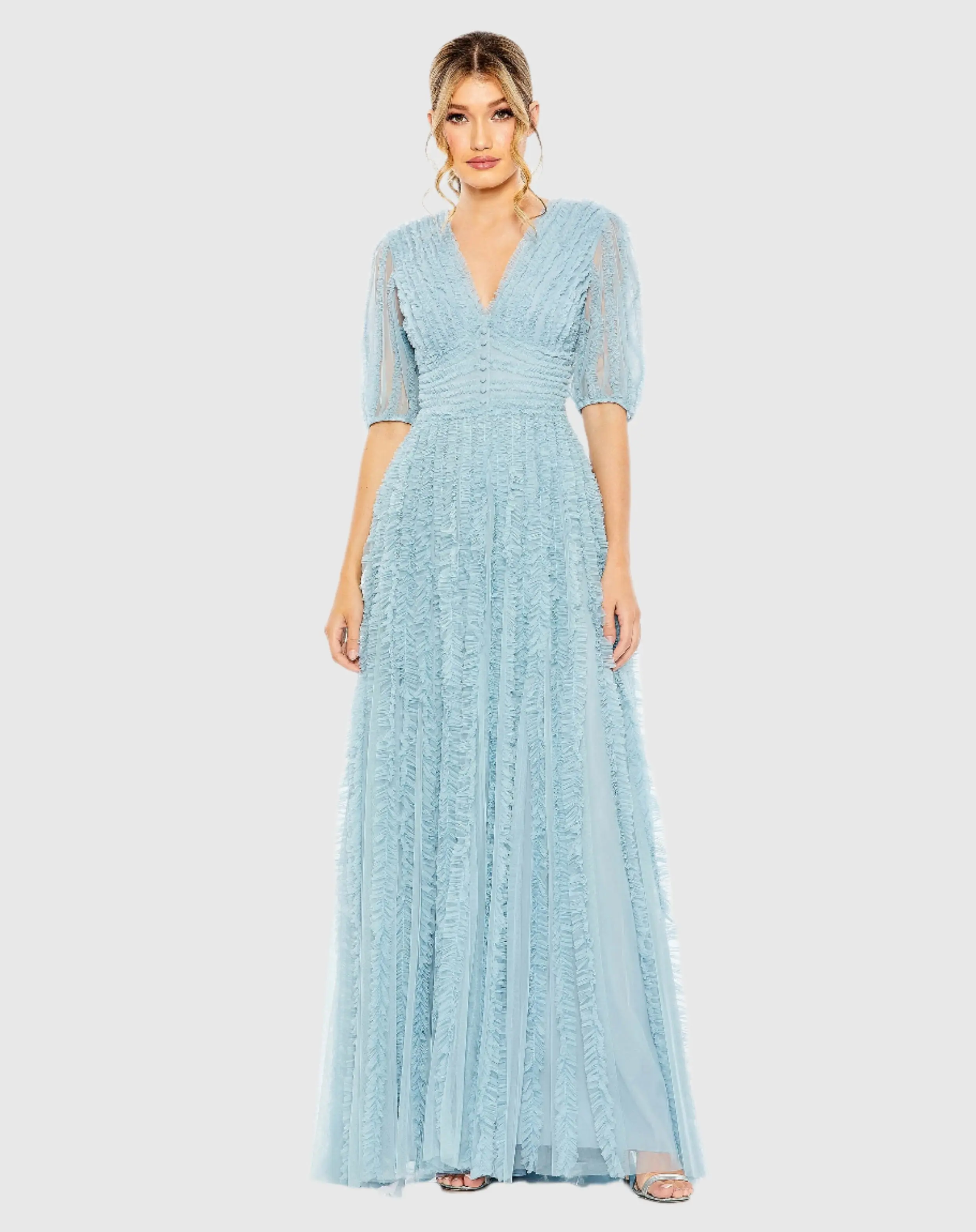 Blue V Neck Puff Sleeve Ruffle Tiered A Line Gown