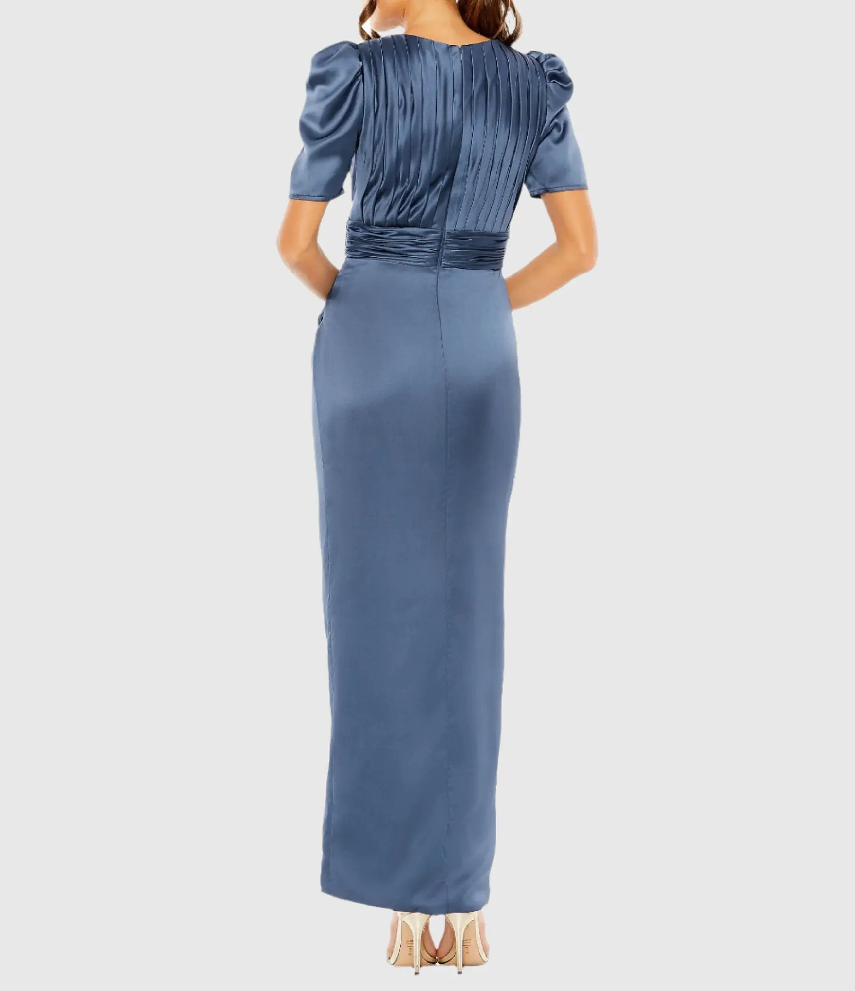 Blue Puff Sleeve Pleated Bodice Draped Gown