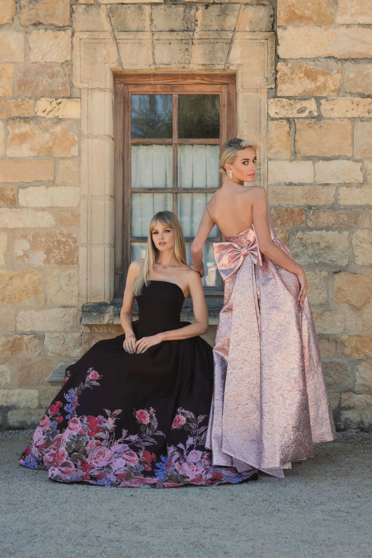 Black Strapless Floral Brocade Ballgown