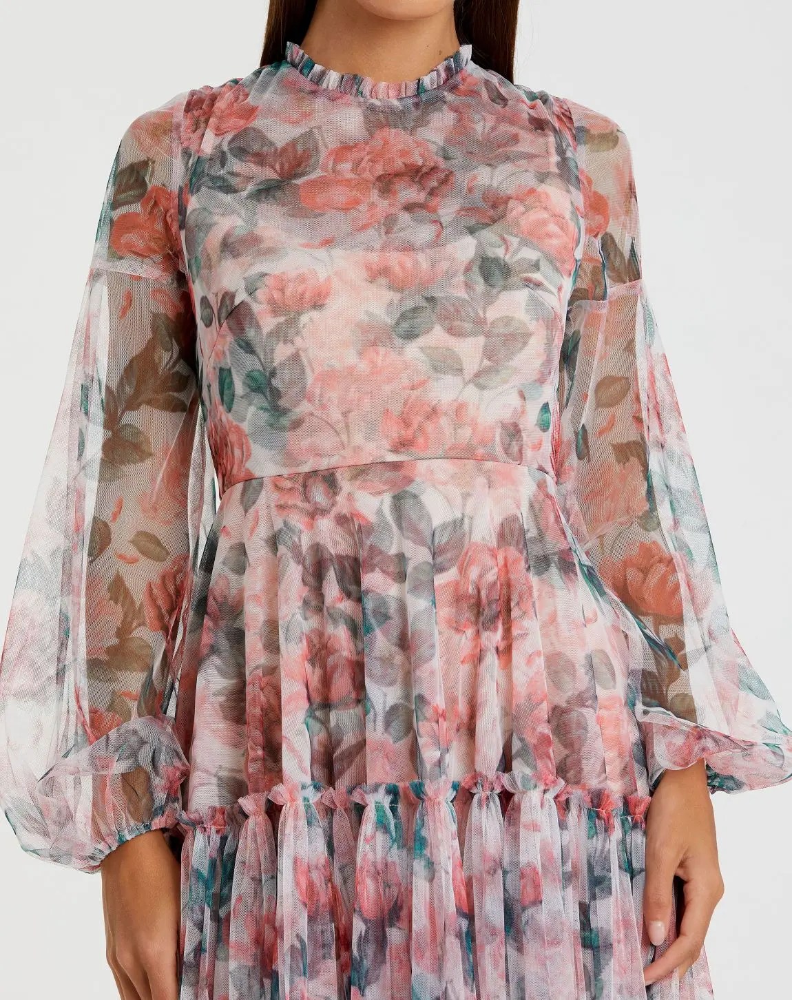 Multicolor Floral High Neck Balloon Sleeve Midi Dress