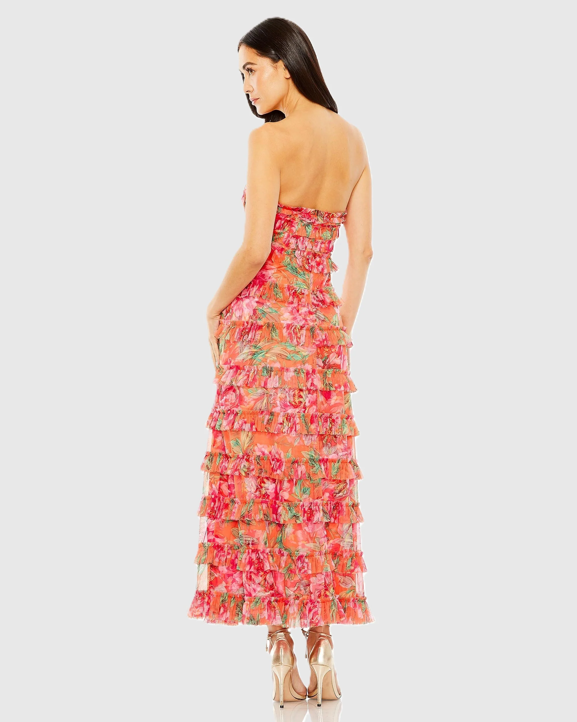 Multicolor Strapless Floral Micro Ruffle Dress