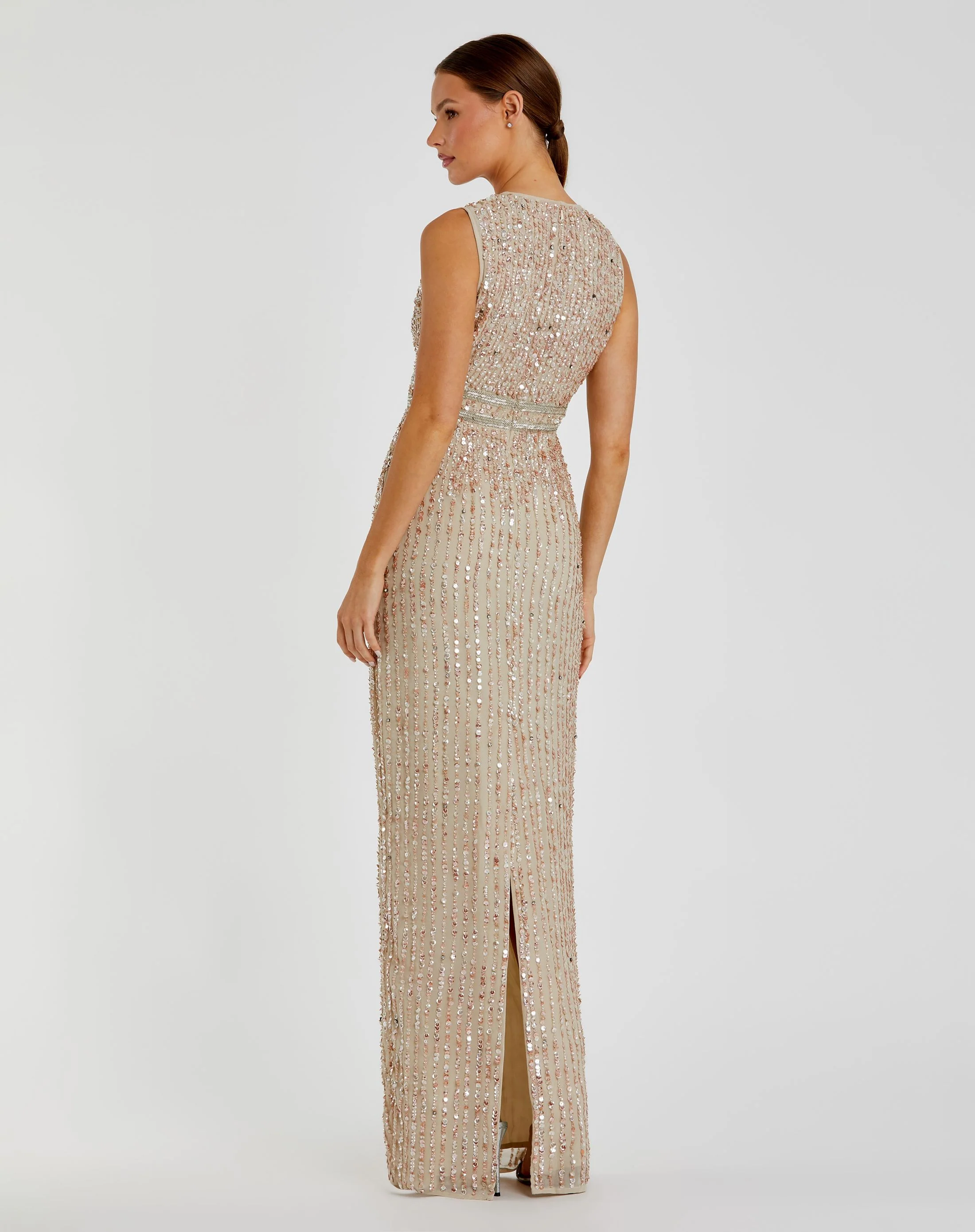 Beige Sequined High Neck Sleeveless Column Gown