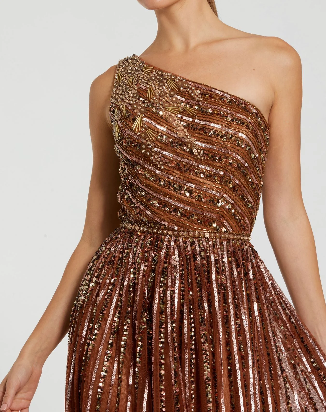 Brown Embellished One Shoulder A-Line Gown