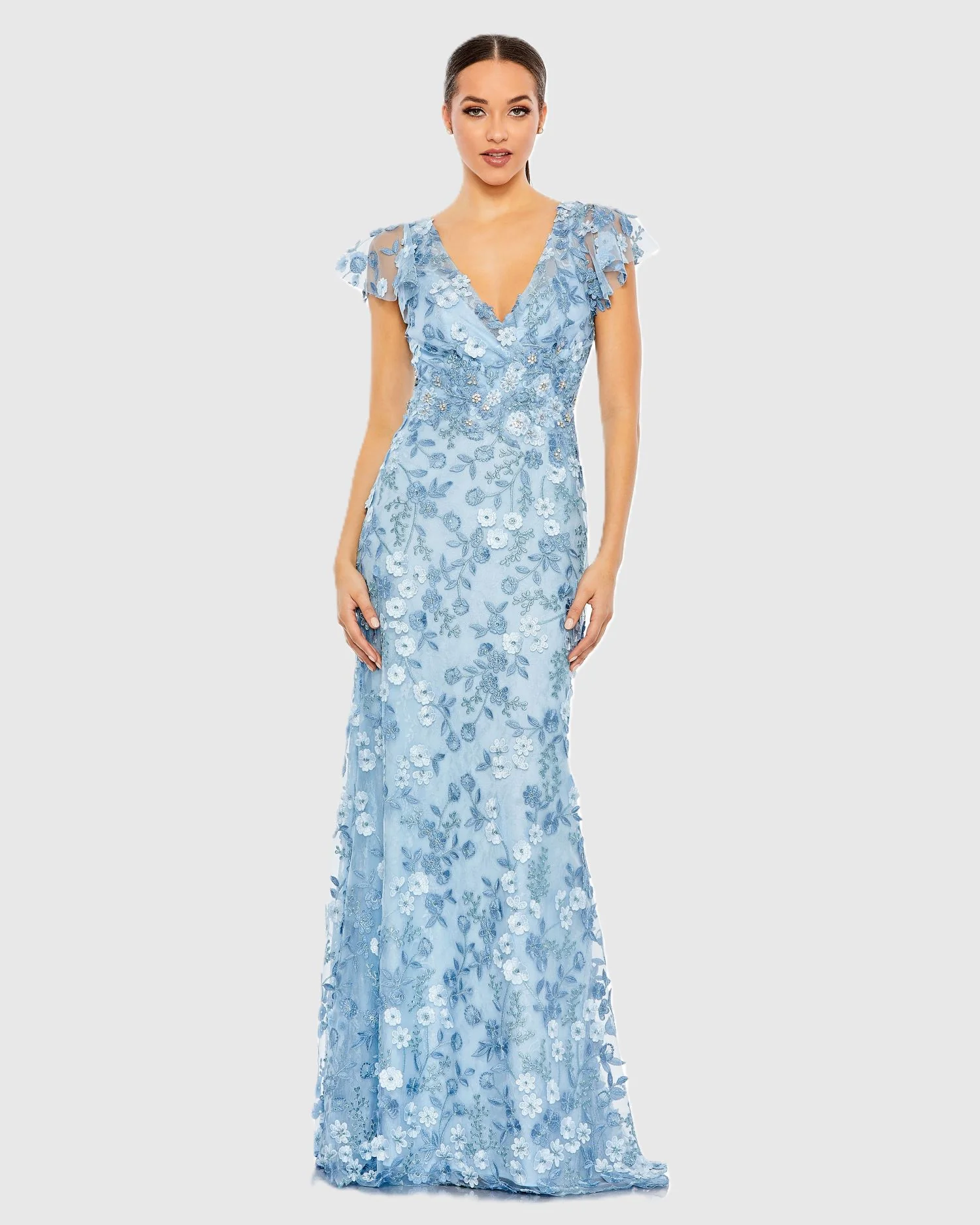 Blue Embroidered Applique Wrap Over Flutter Sleeve Gown