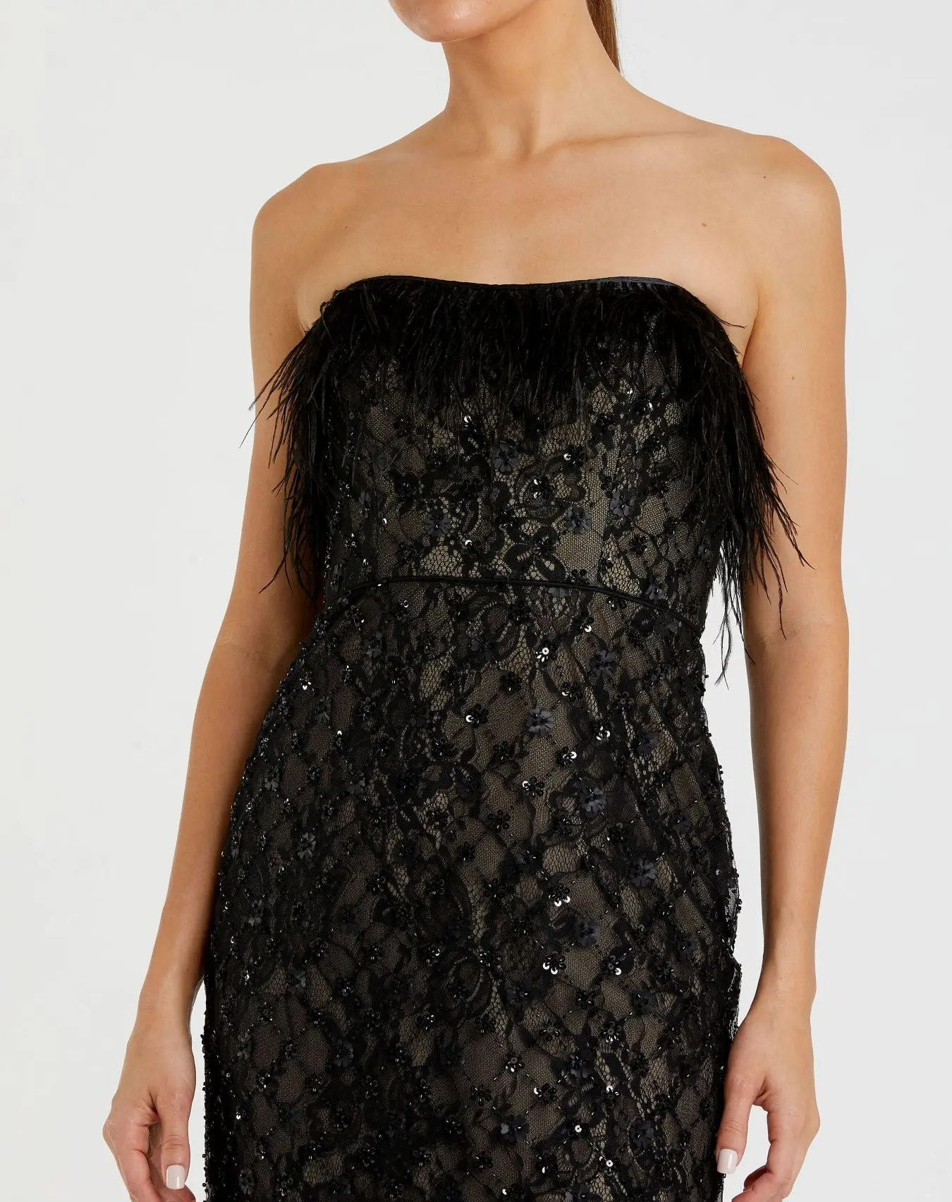 Black Embellished Feather Strapless Column Dress