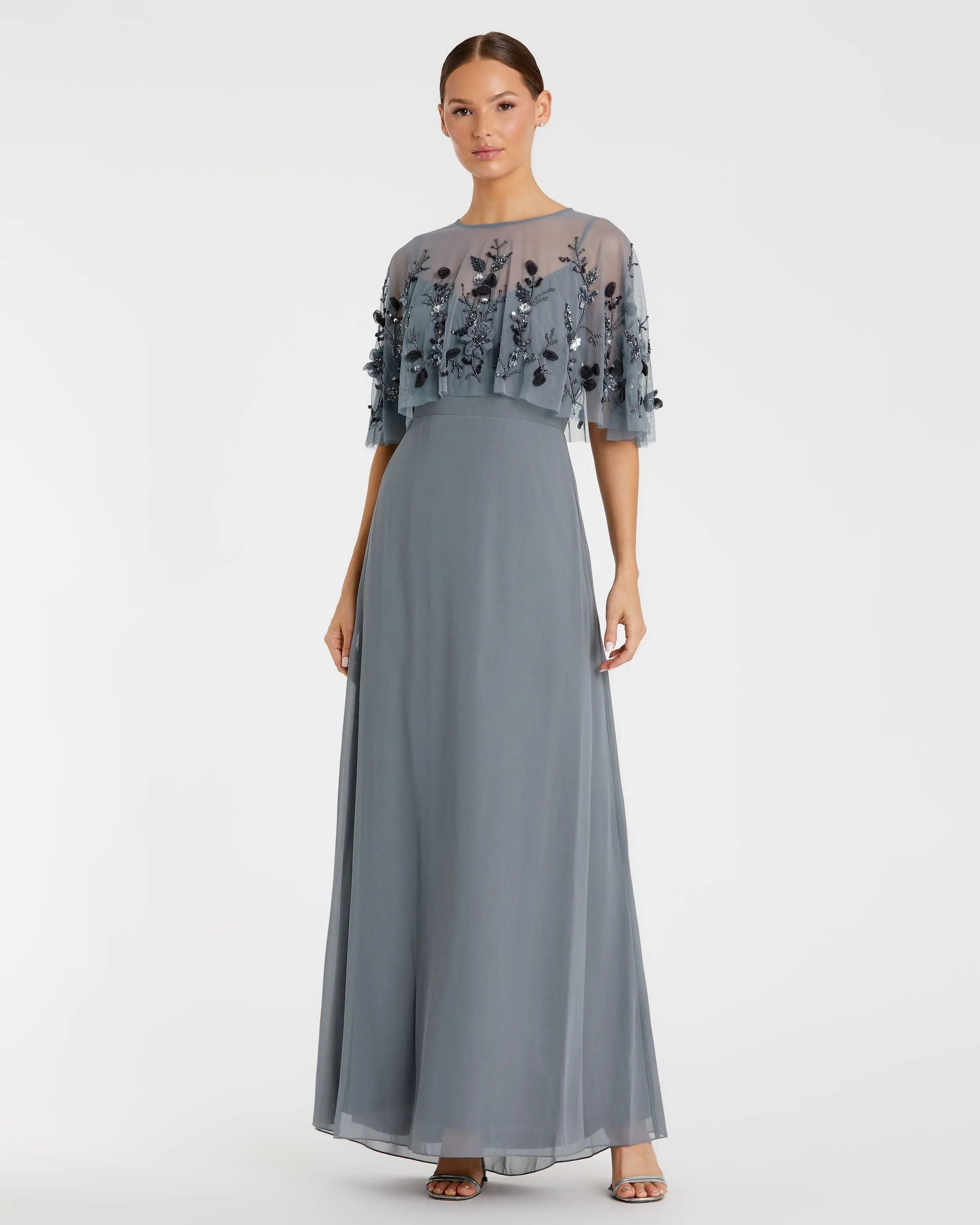 Gray Sleeveless Gown With Embellished Cape
