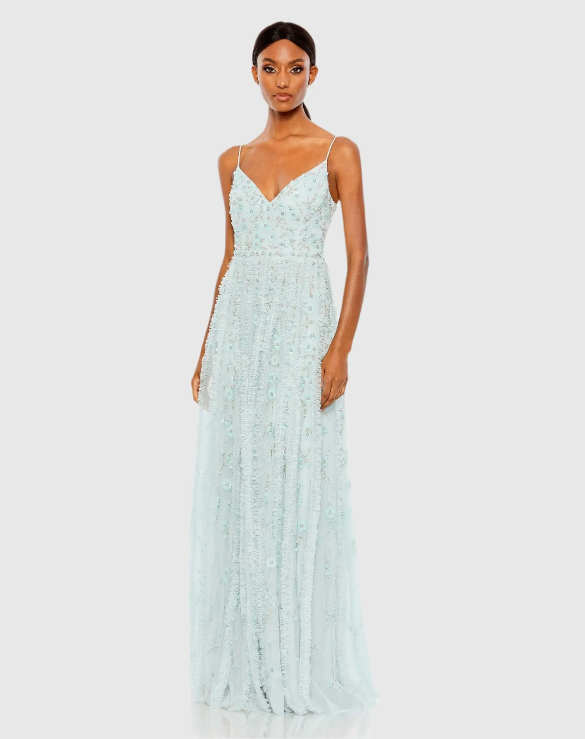 Blue Embellished Ruffled Spaghetti Strap A Line Gown