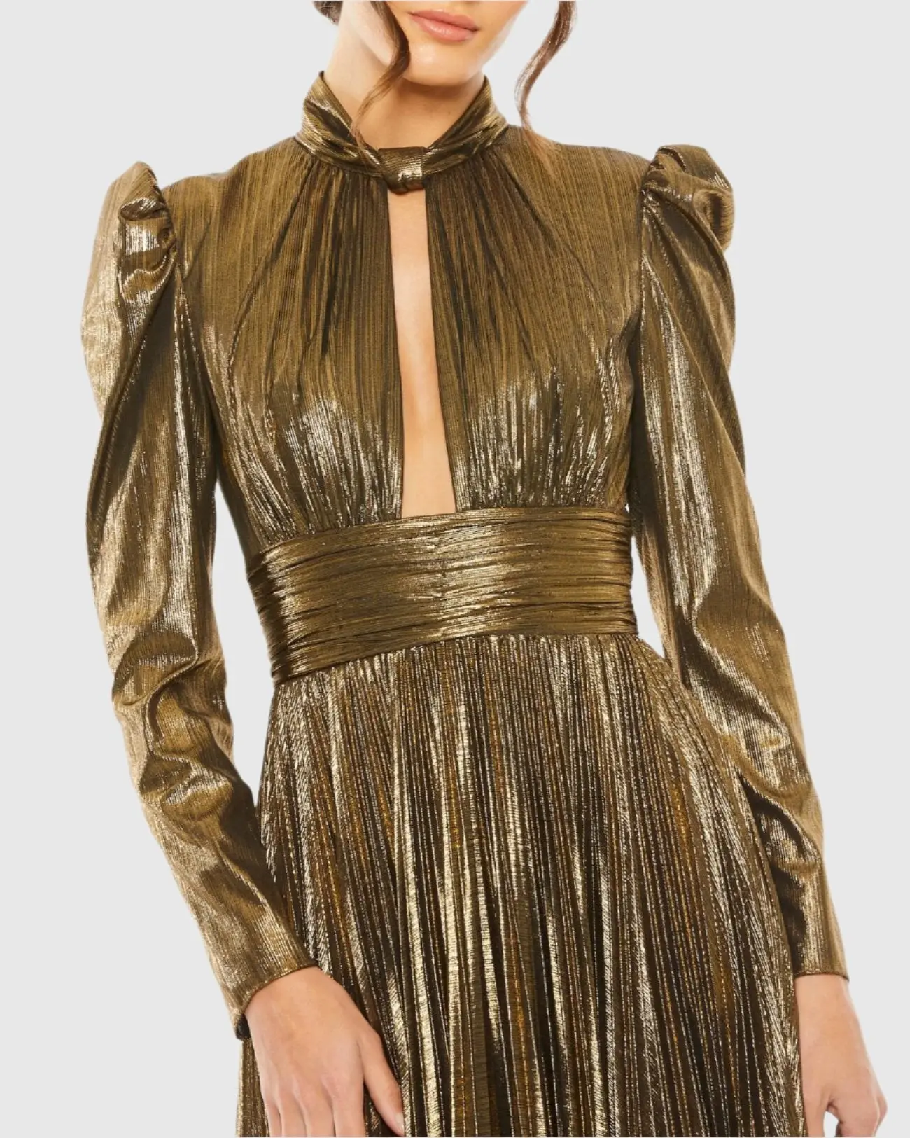 Gold Long Sleeve Keyhole Neck Heat Pleat Metallic Gown