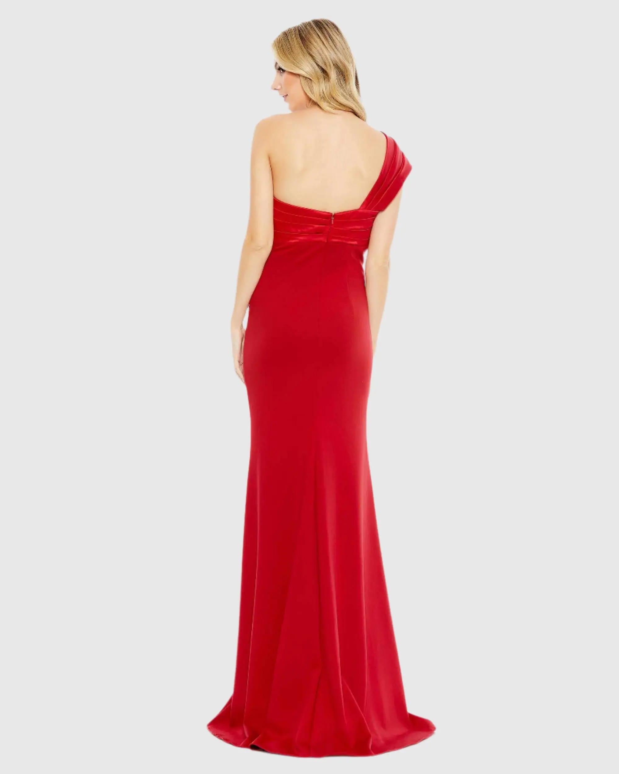 Red One Shoulder Draped Trumpet Gown
