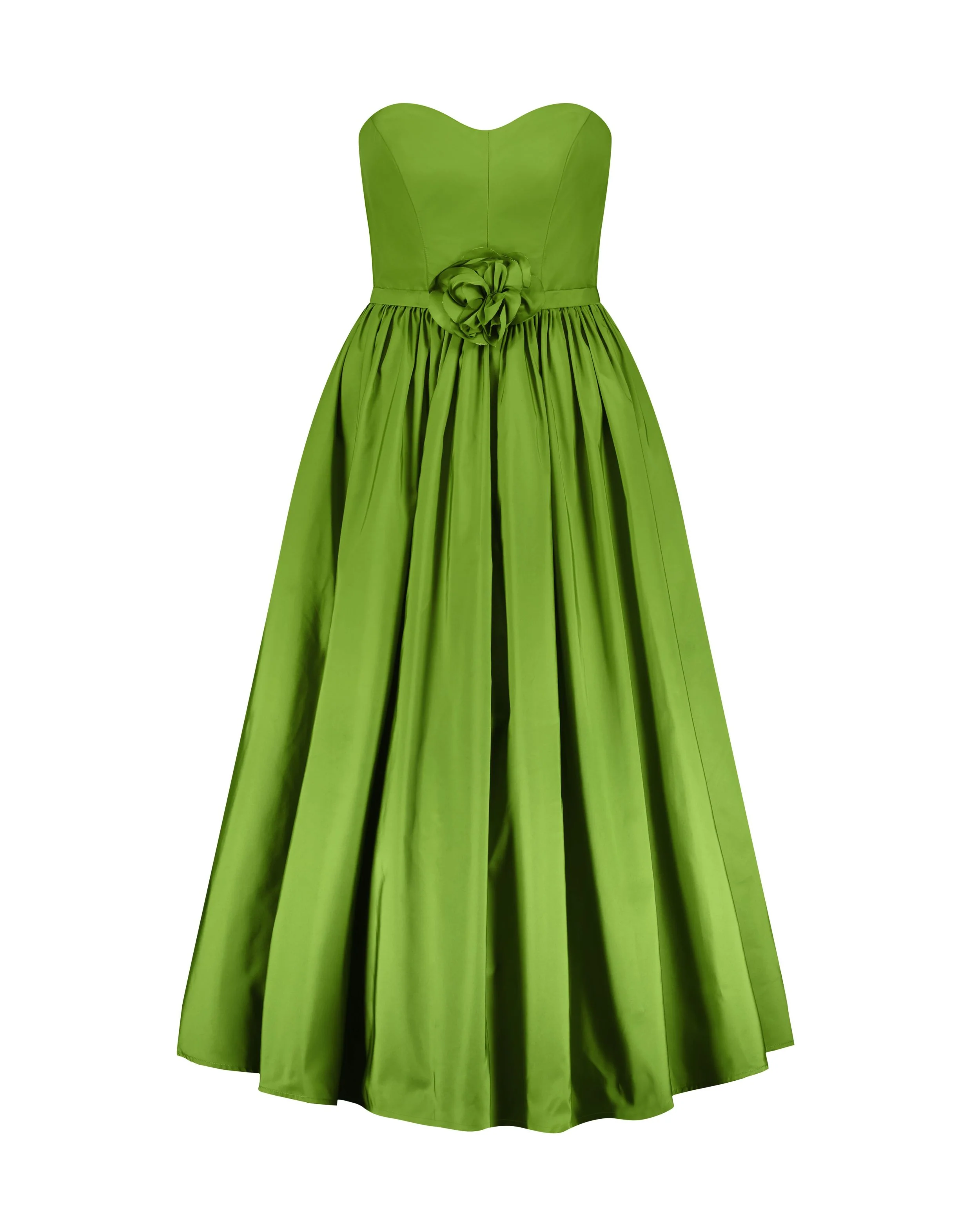 Green Faille Strapless A Line Midi Dress With 3D Rose