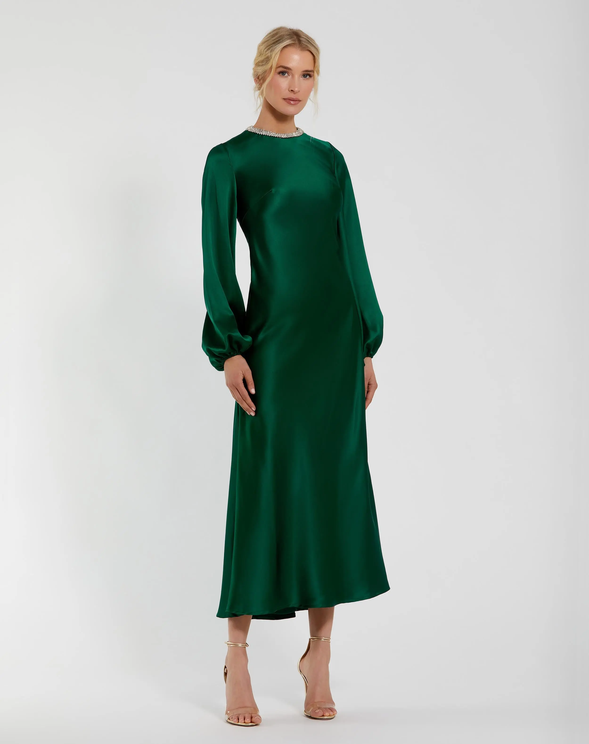 Green High Neck Long Sleeve Crystal Detail Dress