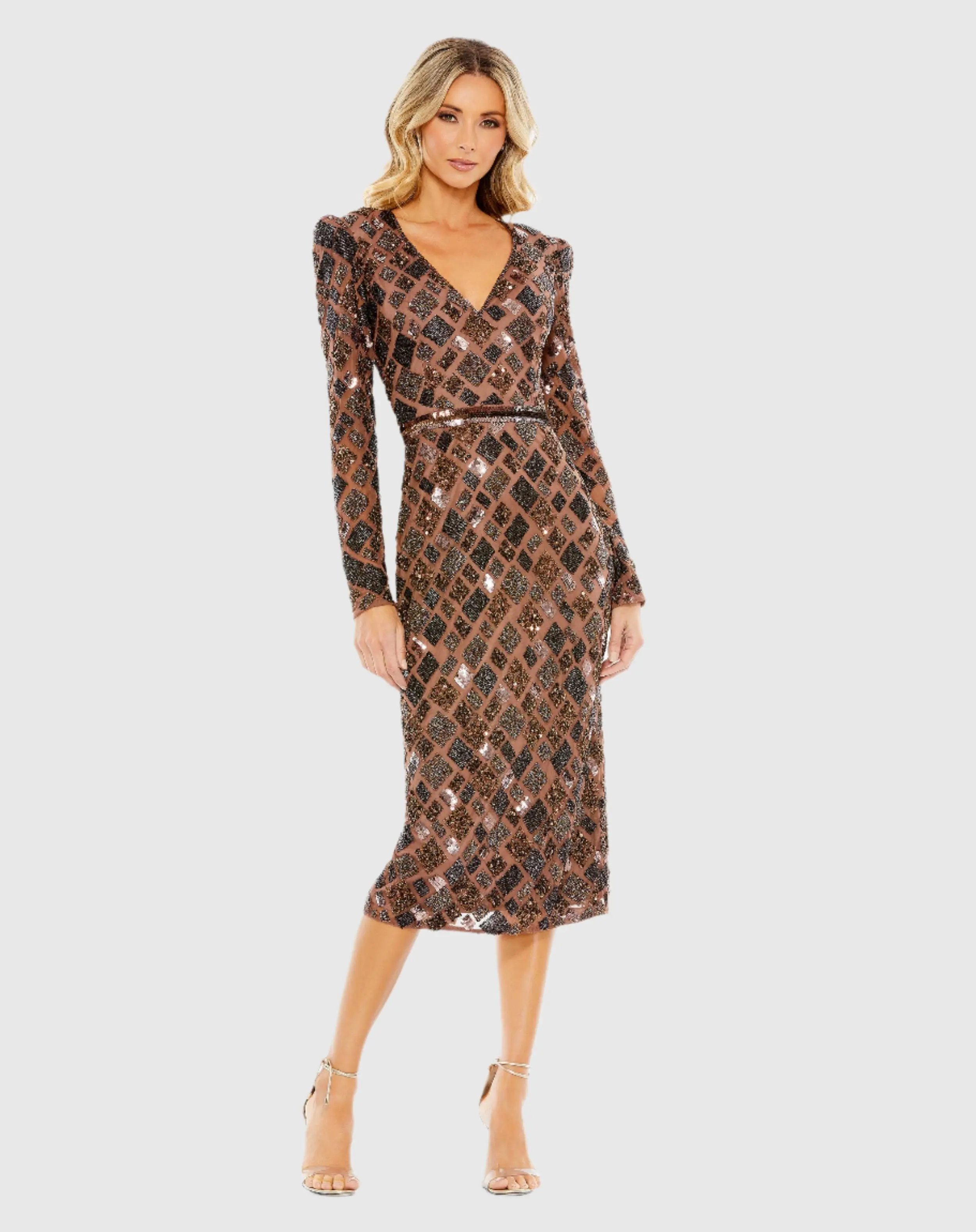 Brown Geo Embellished Midi Sheath Dress