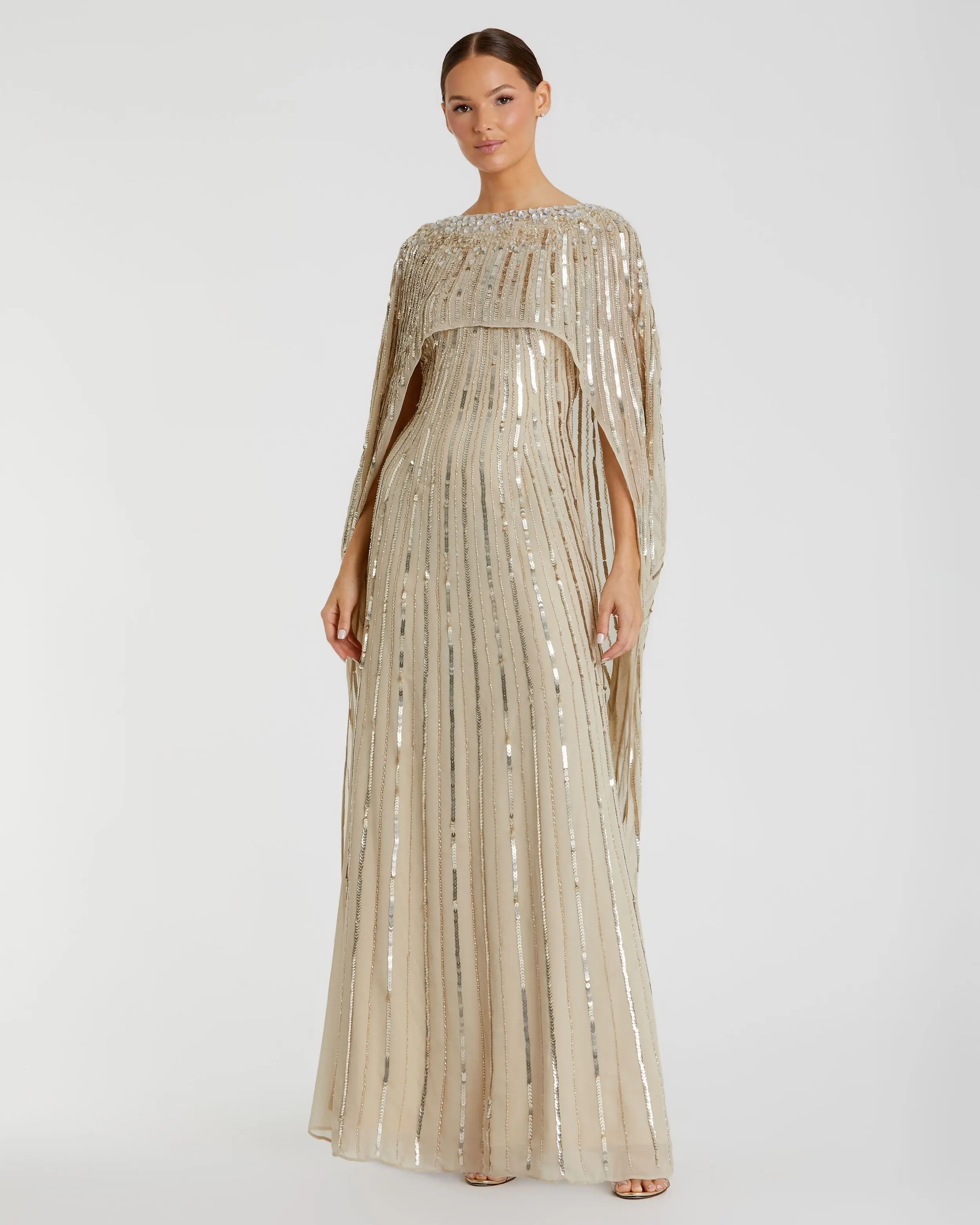 Gold Embellished Beaded Column Cape Gown