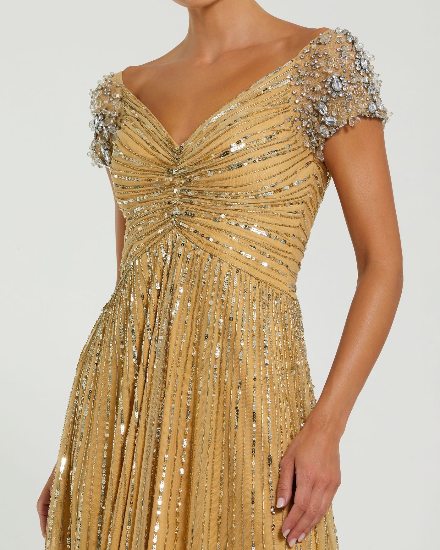 Gold Embellished Gown With Beaded Shoulders