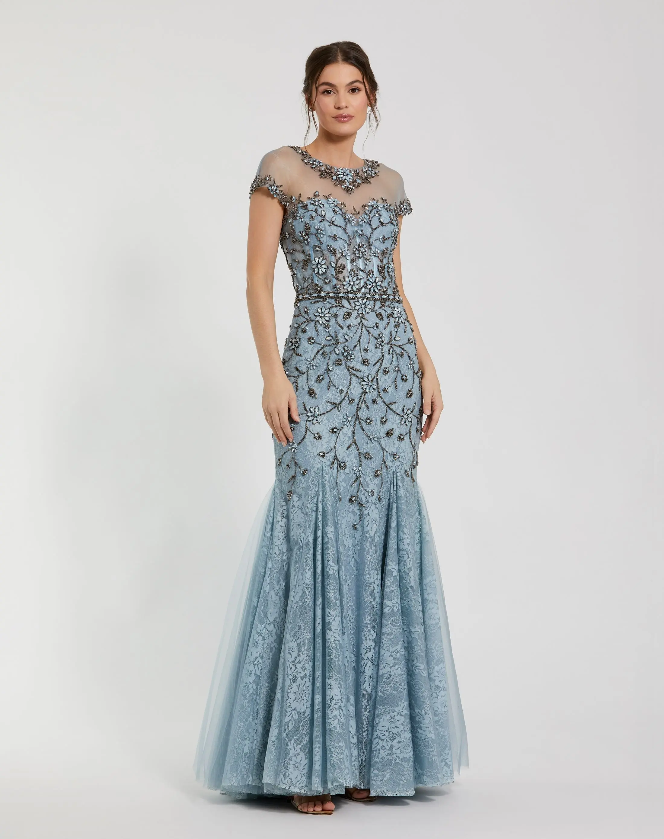 Blue Sheer Top Embellished Mermaid Gown