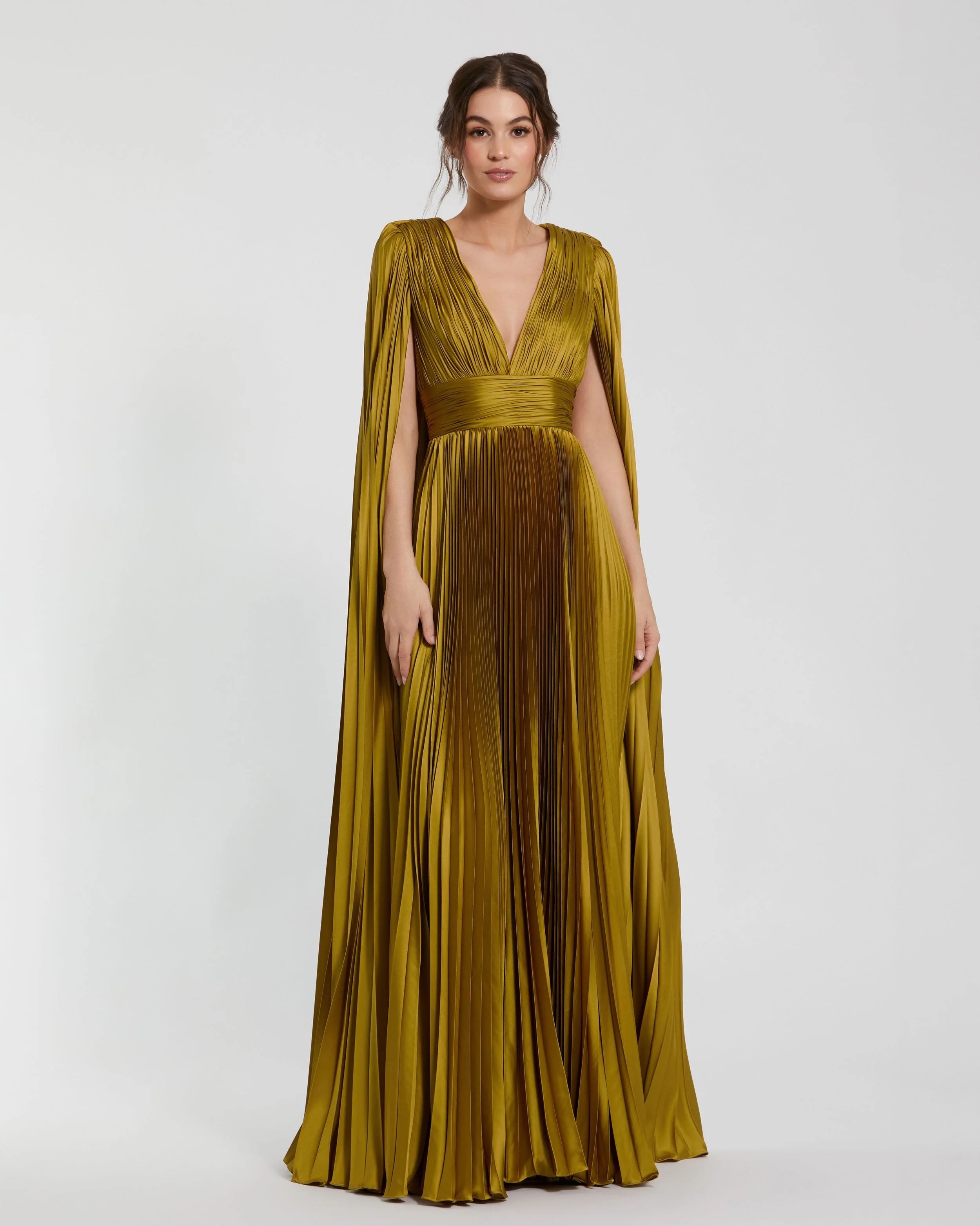 Green Pleated Charmeuse V Neck Gown With Cape