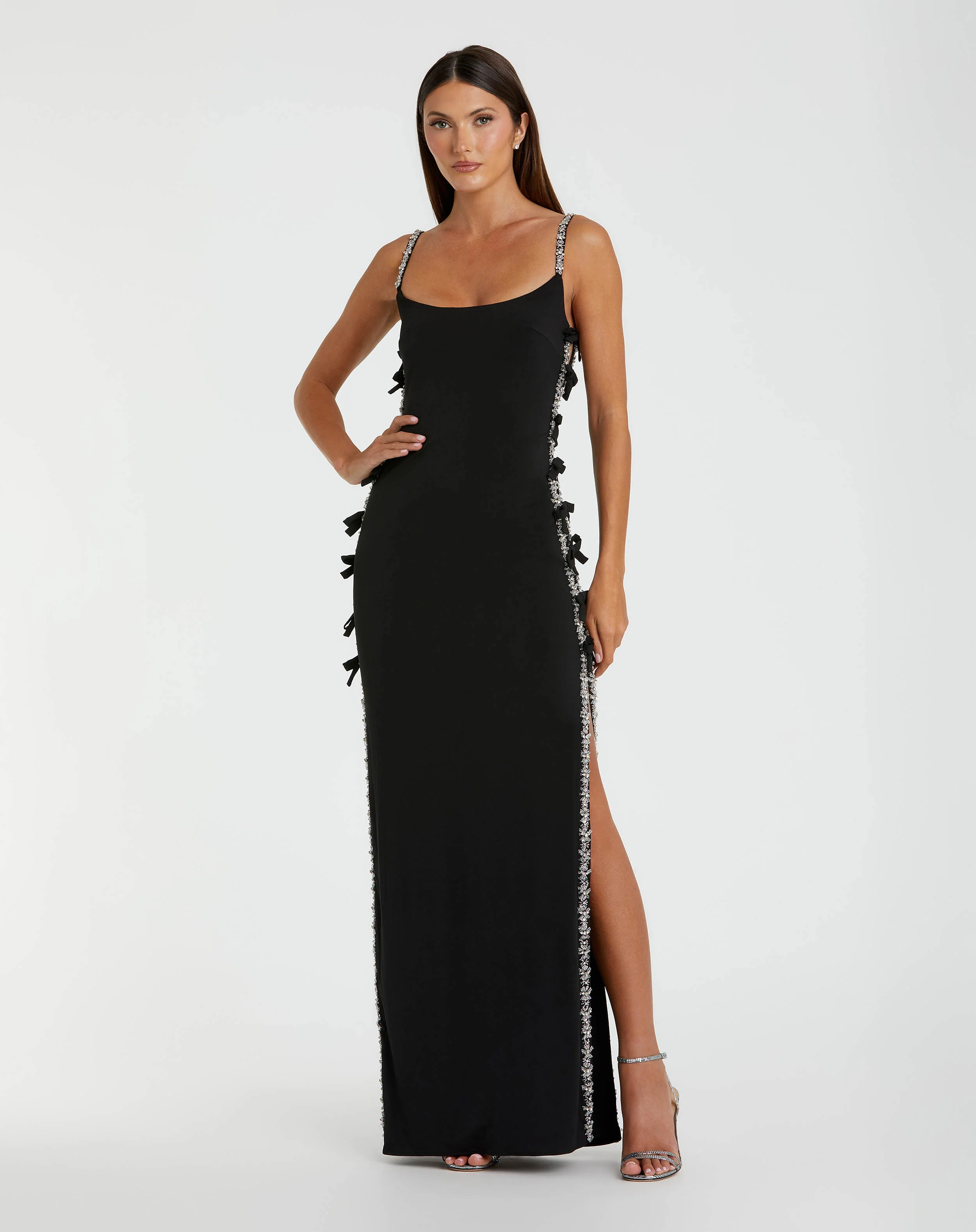 Black Thin Strap Jersey Gown With Bow Details