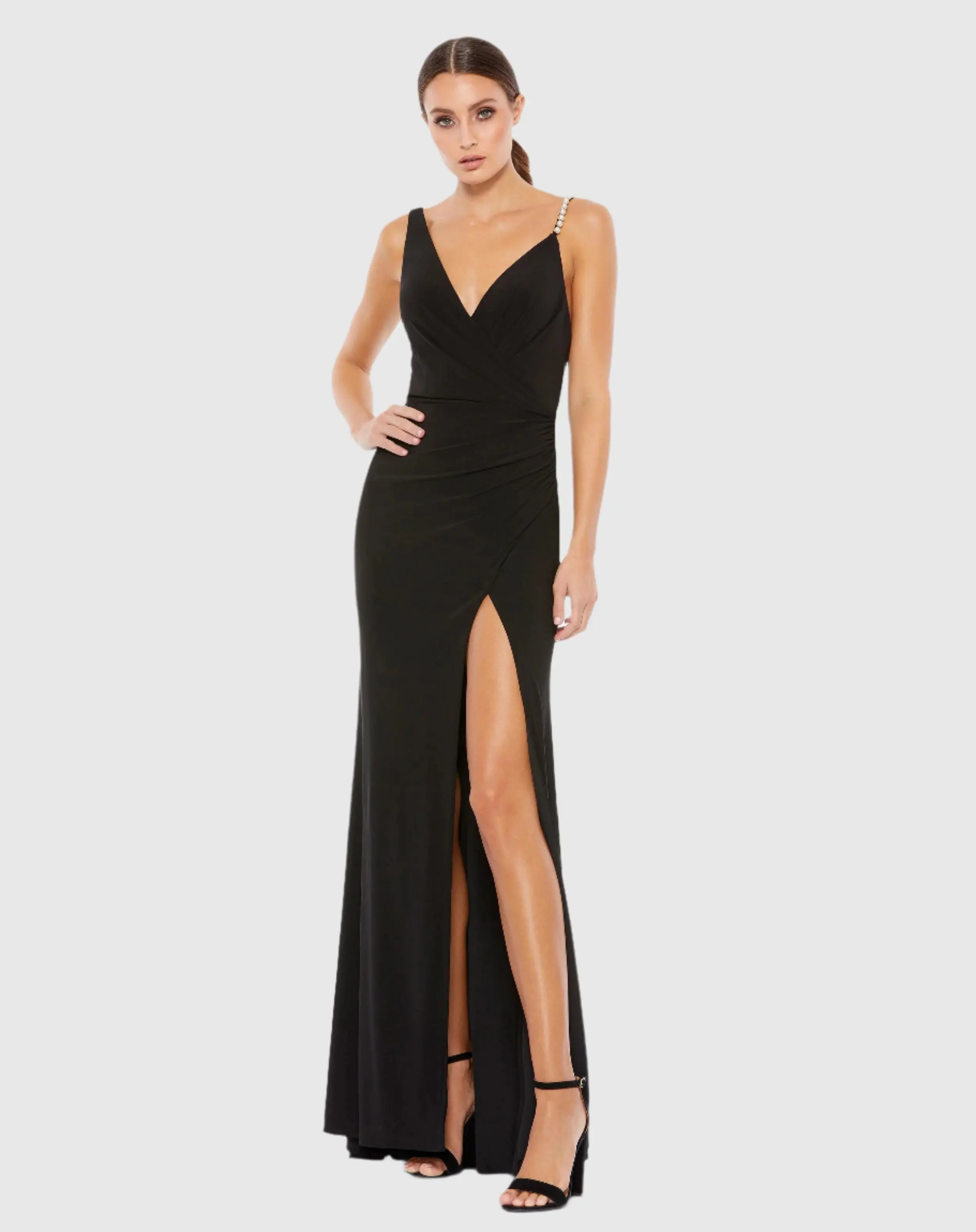 Black Faux Wrap Pearl Strap Gown
