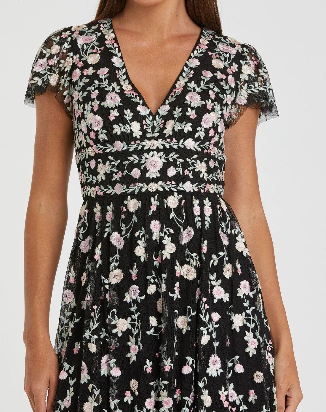 Black Multicolor Embroidered V Neck Cap Sleeve Midi Dress