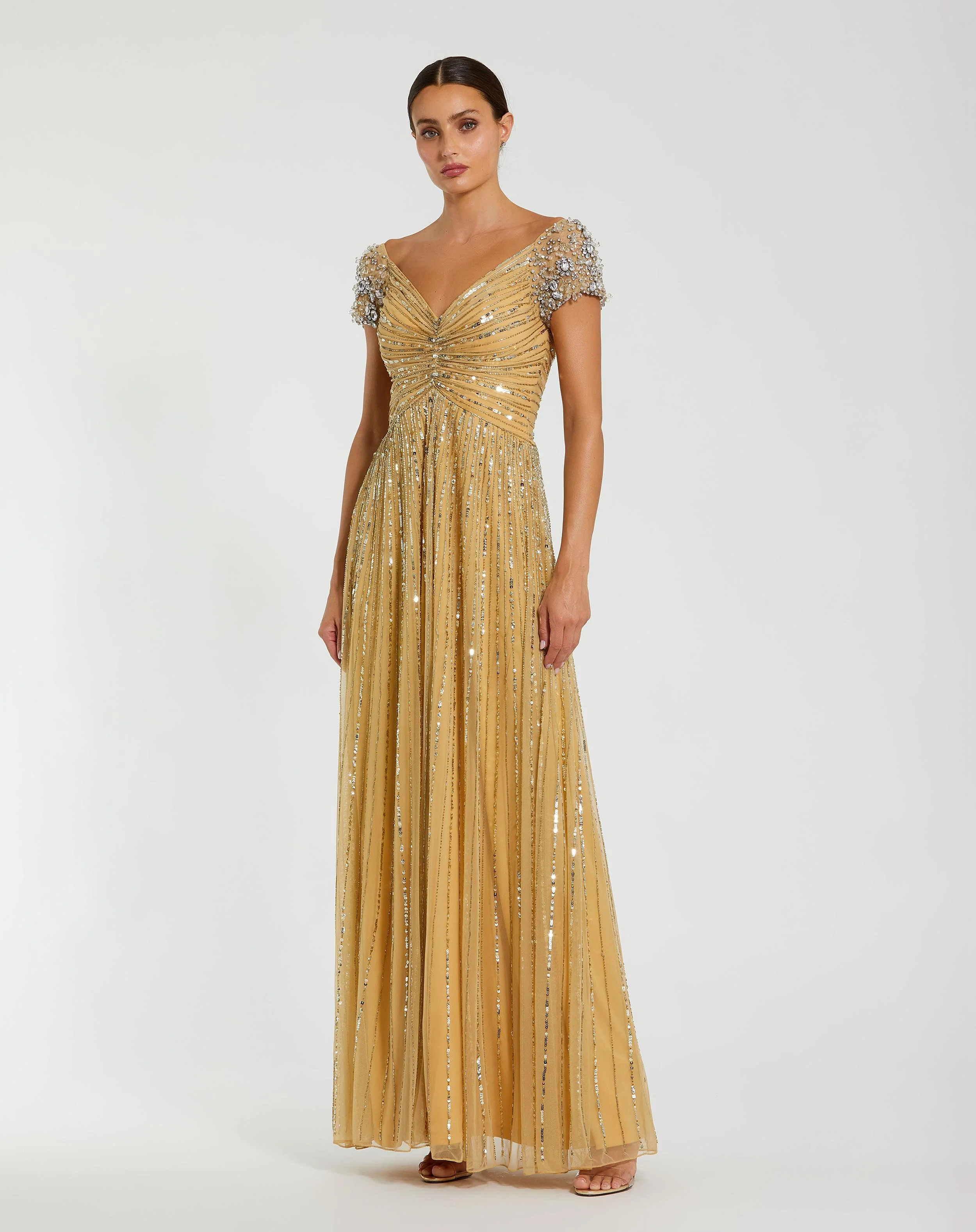 Gold Embellished Gown With Beaded Shoulders
