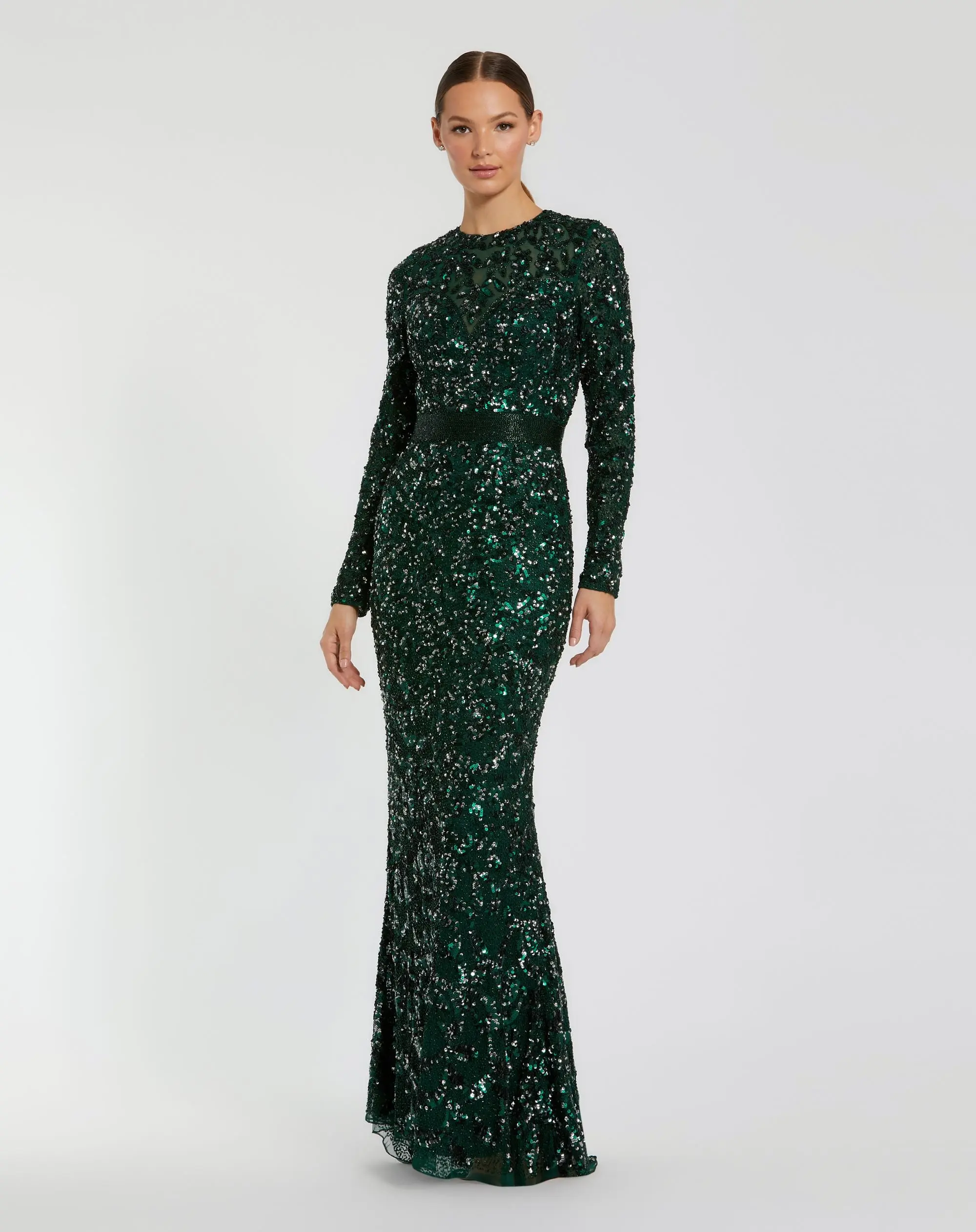 Green Hand Embellished Long Sleeve Gown