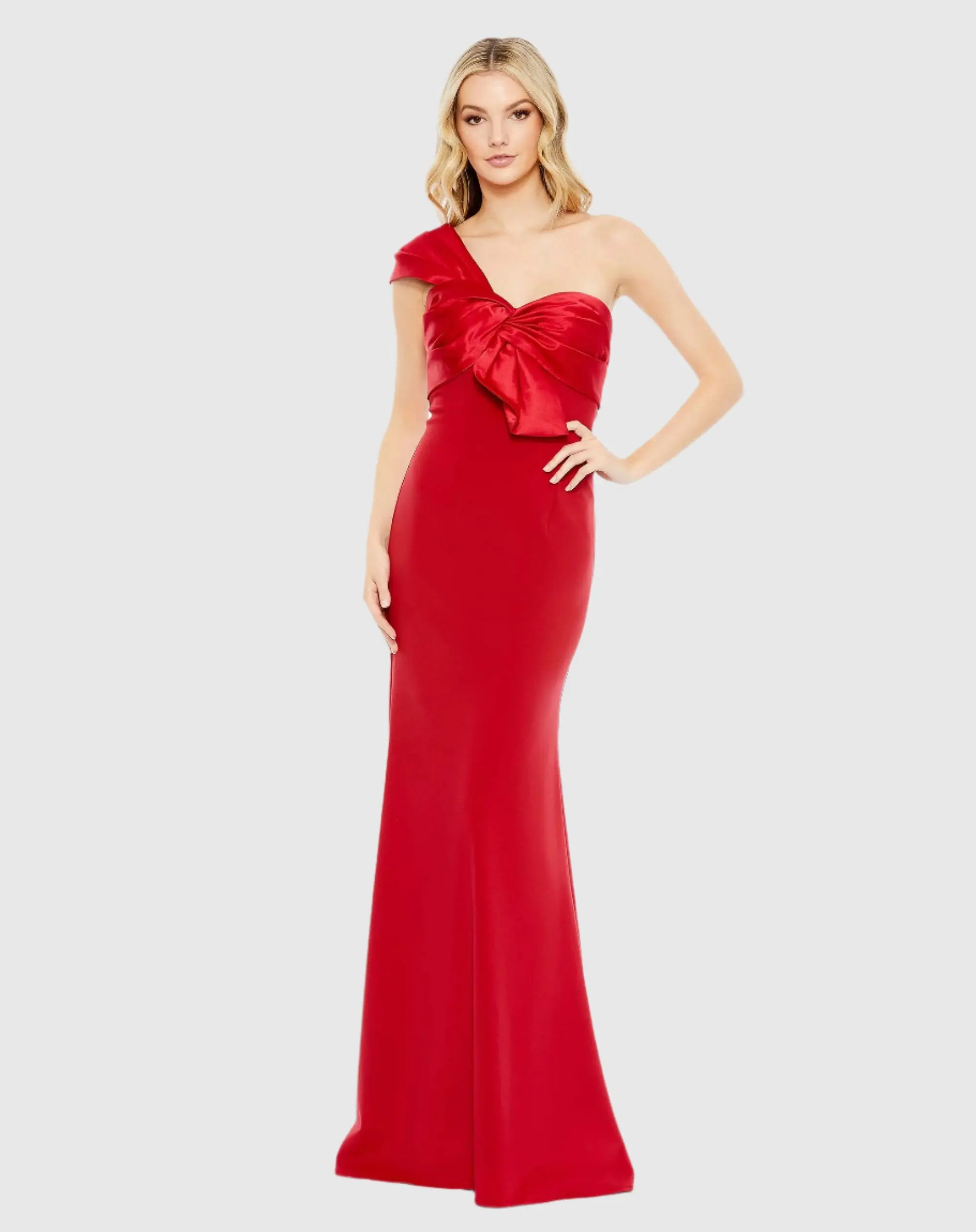 Red One Shoulder Draped Trumpet Gown