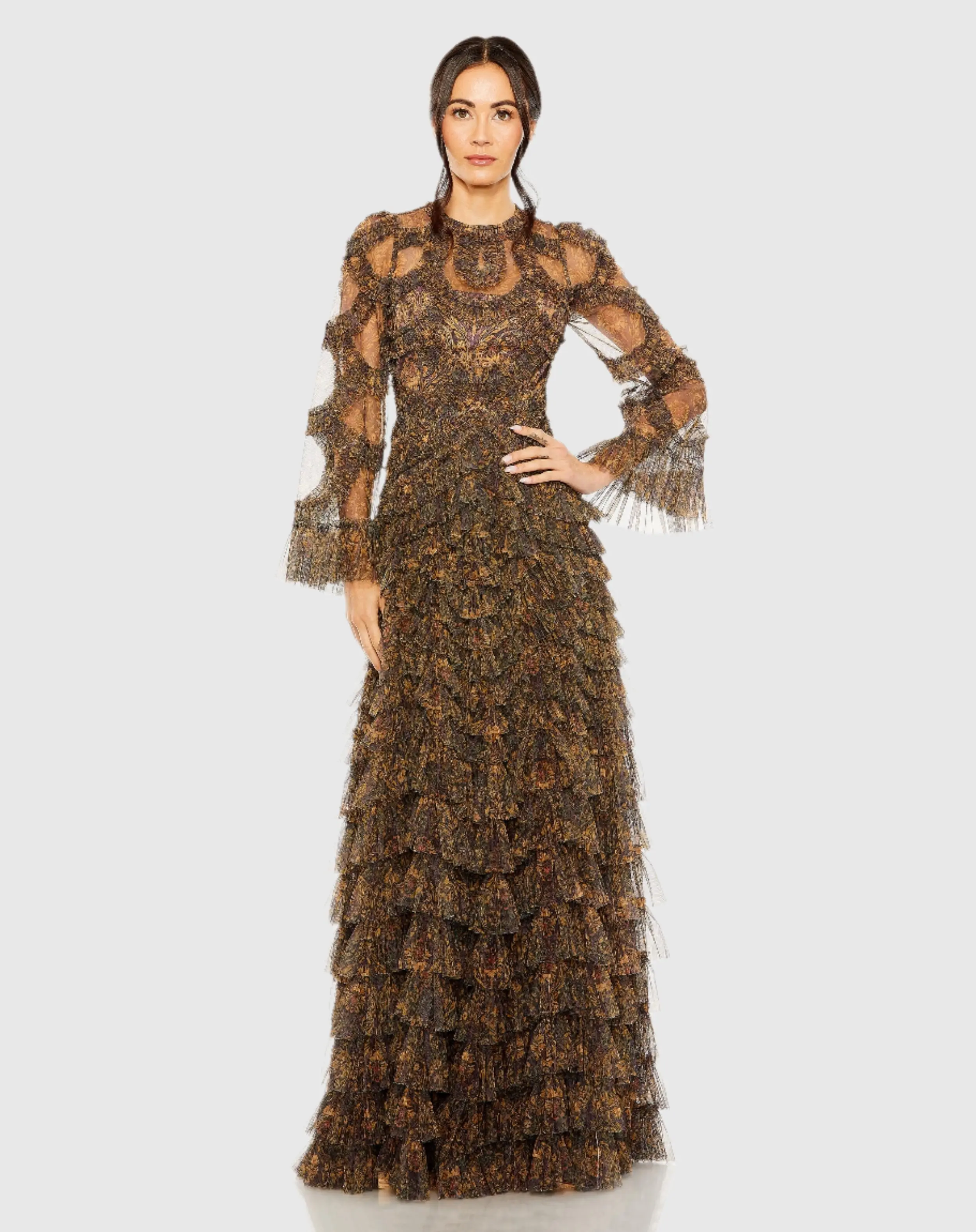 Brown Long Flutter Sleeve Ruffle Tiered Gown