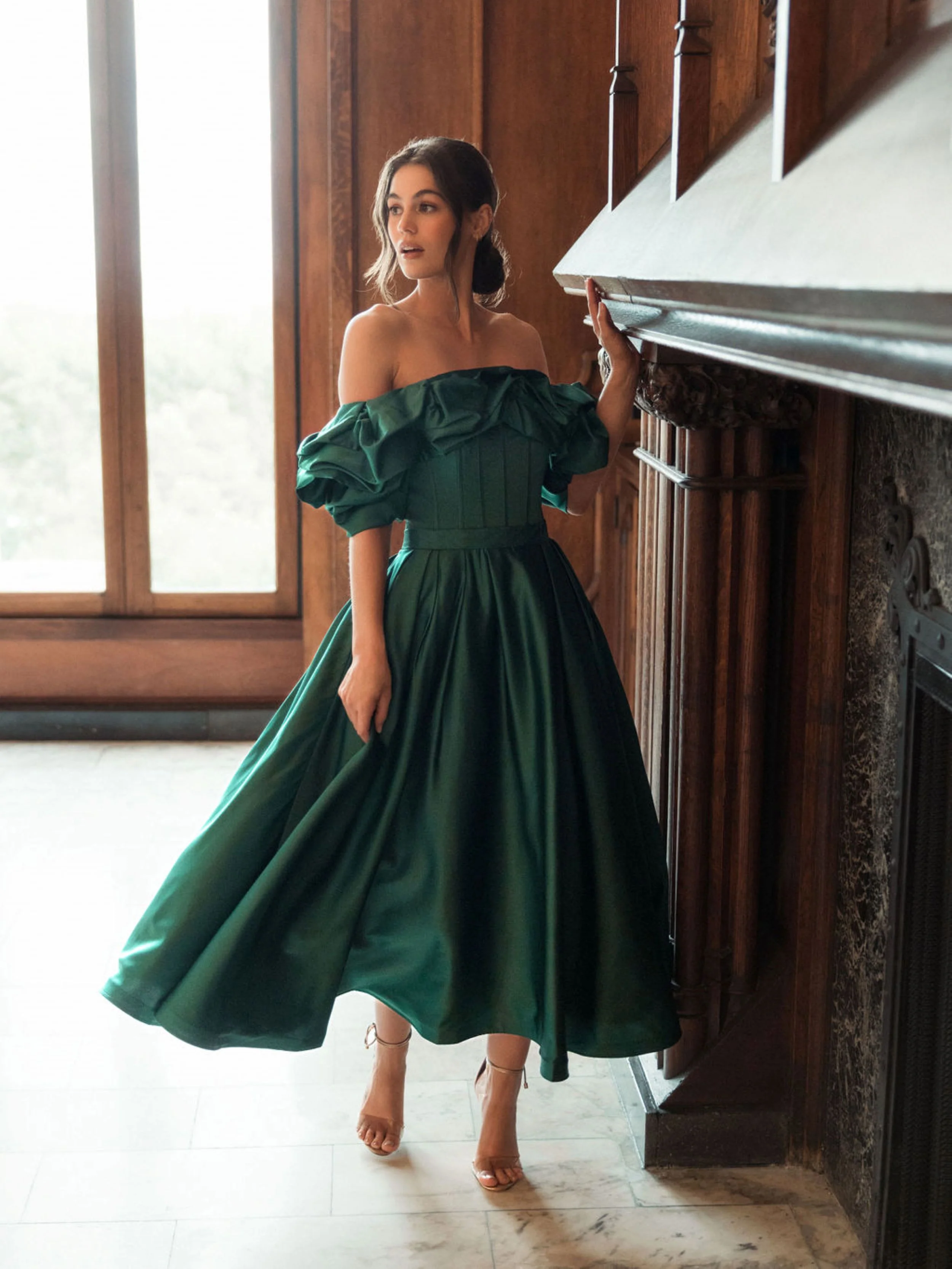 Green Off The Shoulder Tea Length Dress