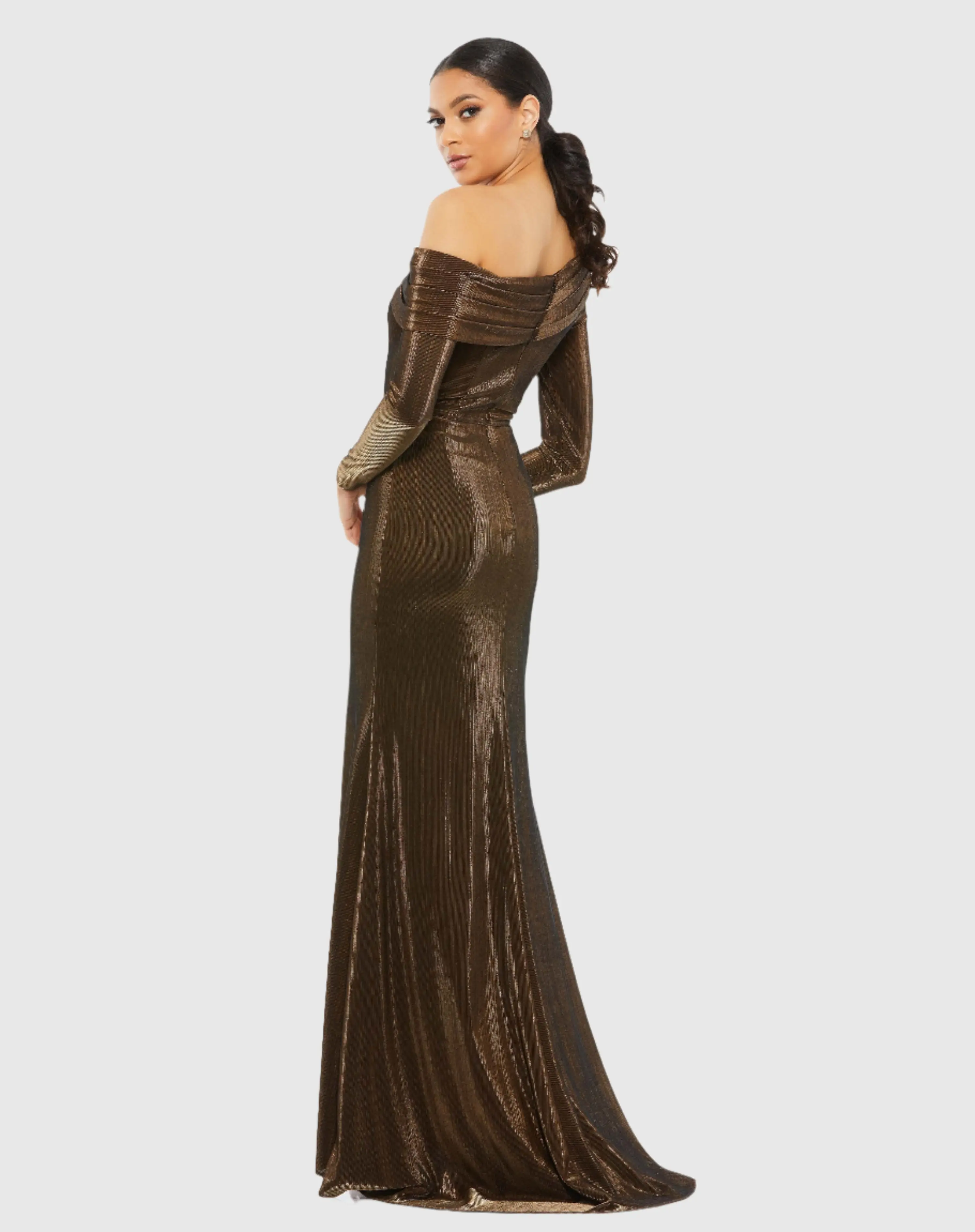 Brown Textured Metallic Off-the-Shoulder Trumpet Gown