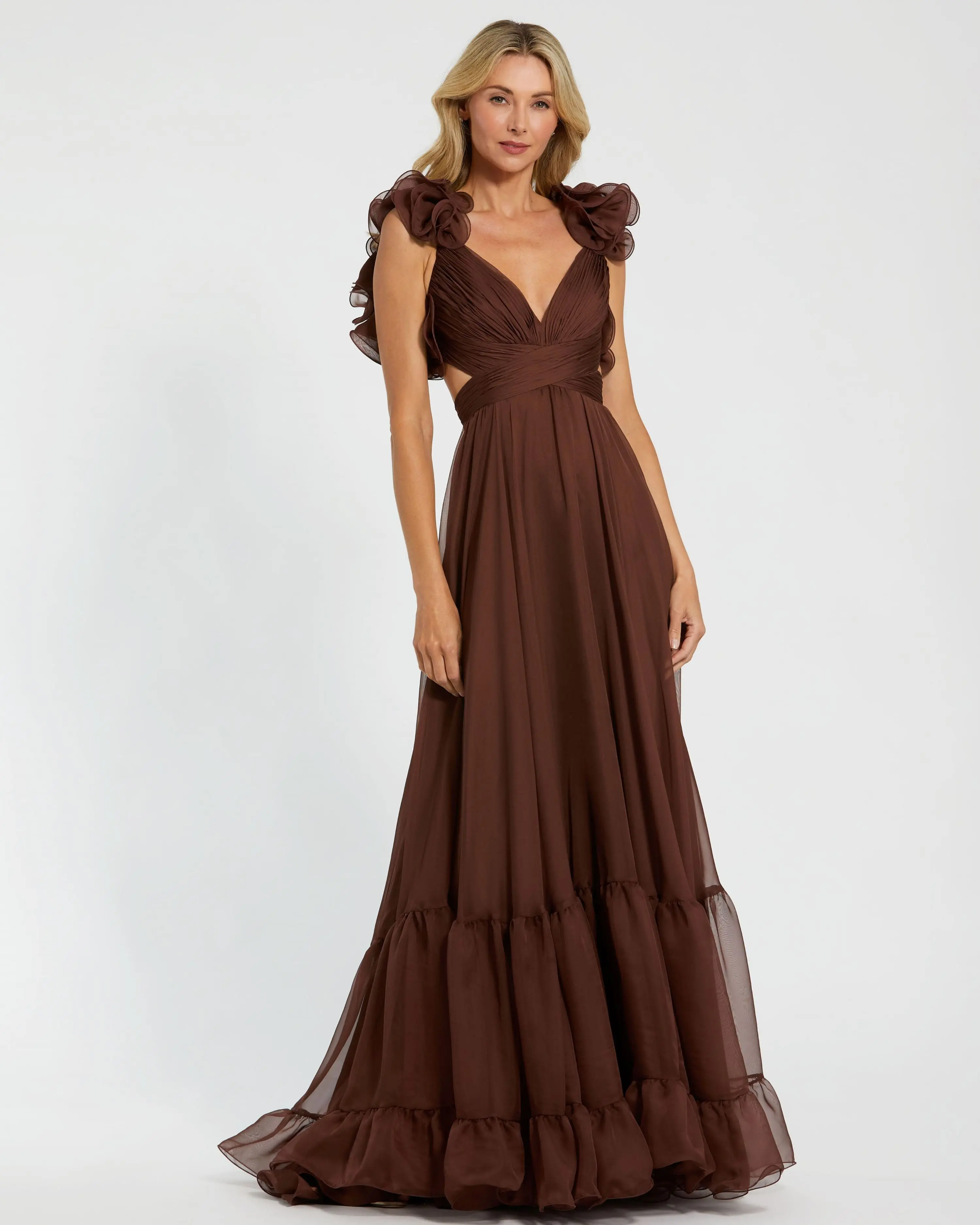 Brown Ruffle Tiered Cut-Out Chiffon Gown