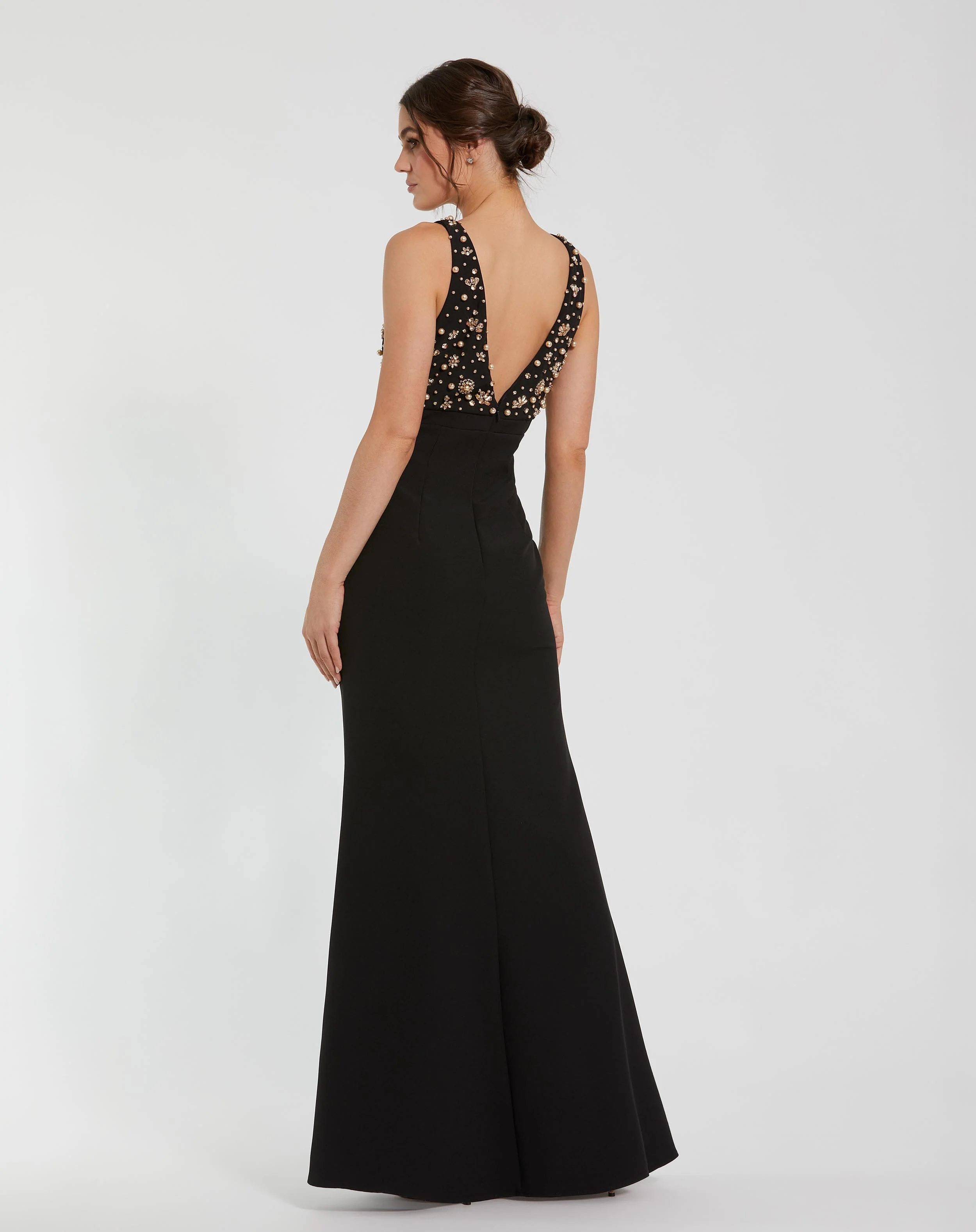 Black Crepe Sleeveless Beaded V Neck Gown With Bow