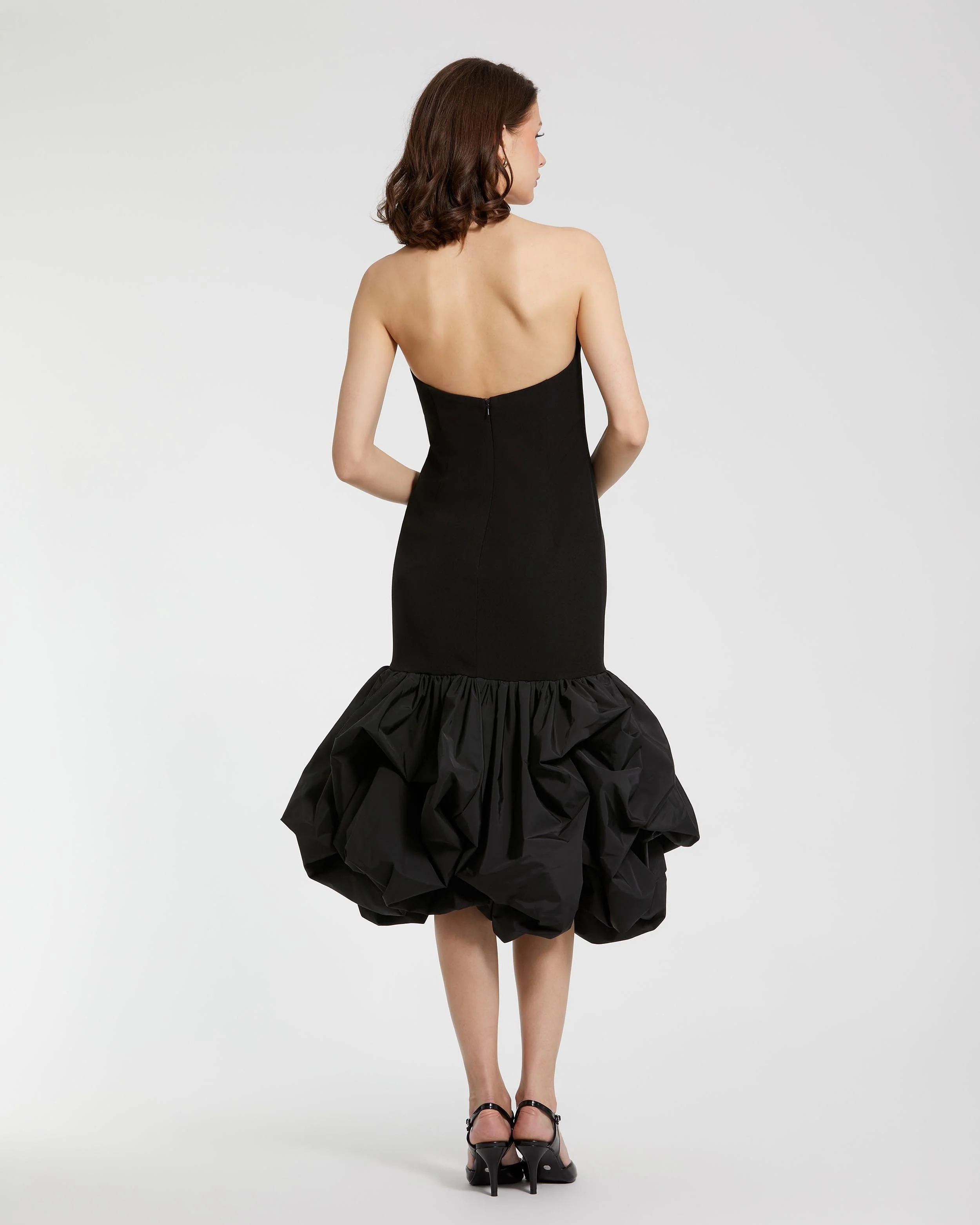 Black Strapless Crepe Midi Dress With Bubble Hem