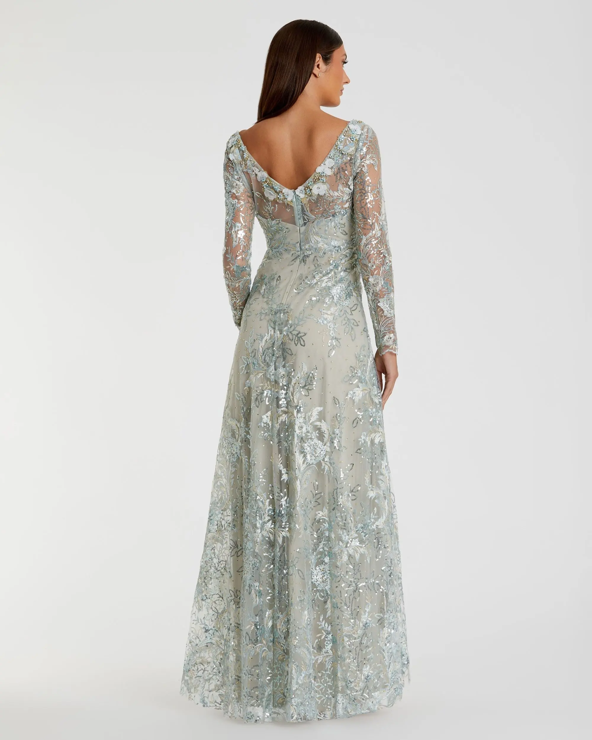 Green Floral Embroidered Illusion Long Sleeve Gown