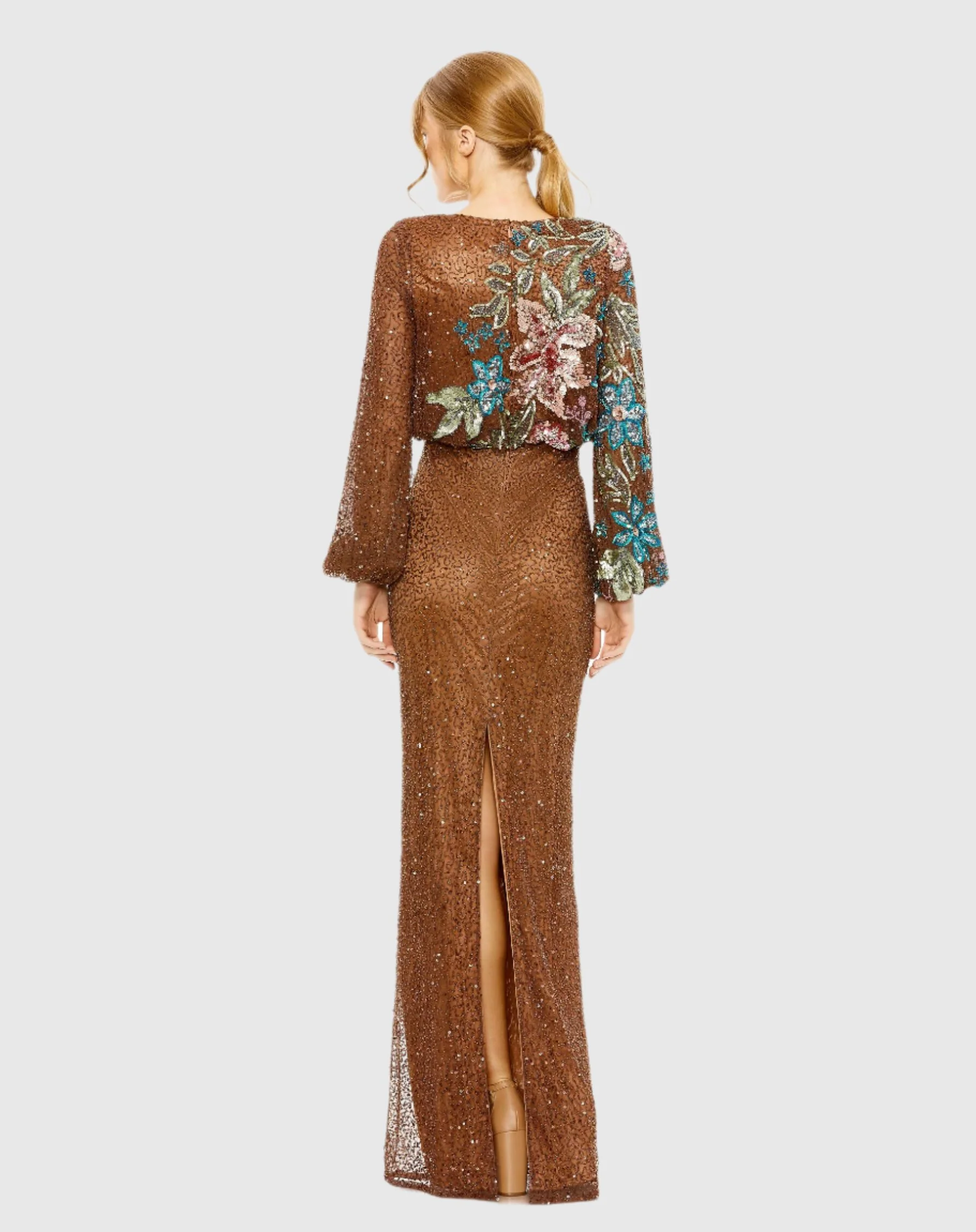 Brown Embellished Floral High Neck Gown