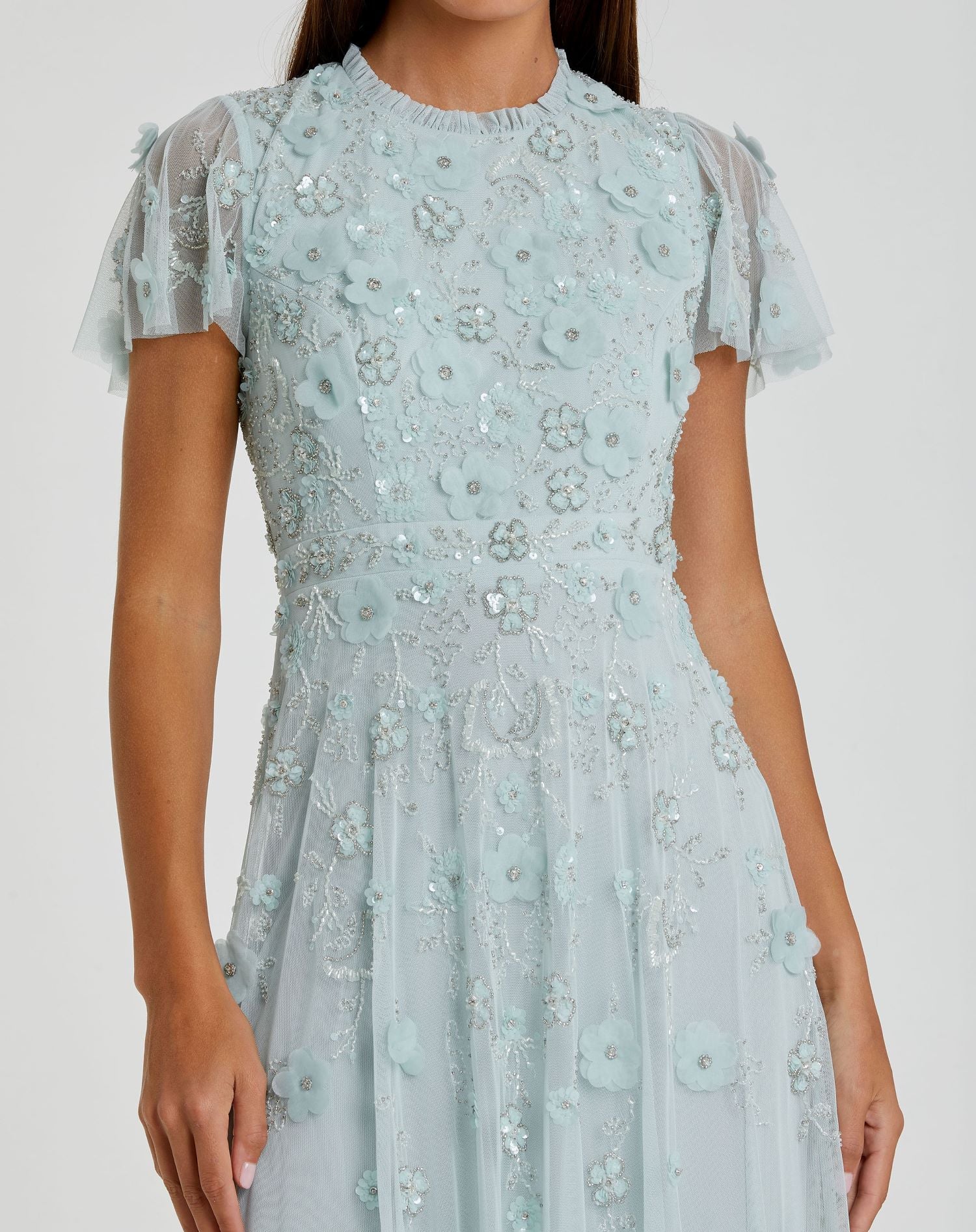 Blue Embellished High Neck Cap Sleeve A Line Dress