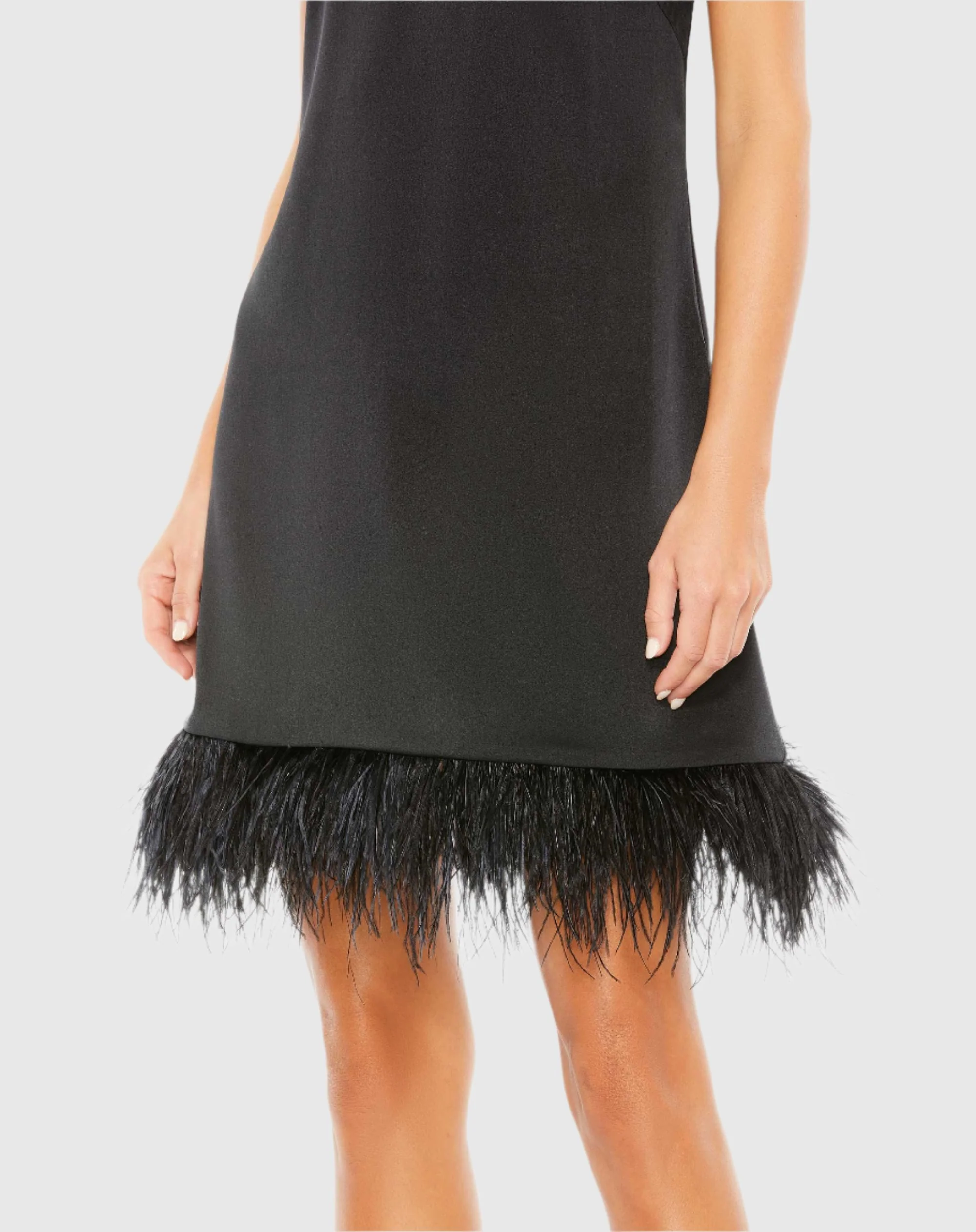 Black Feathered Hem High Neck Sleeveless Trapeze Dress