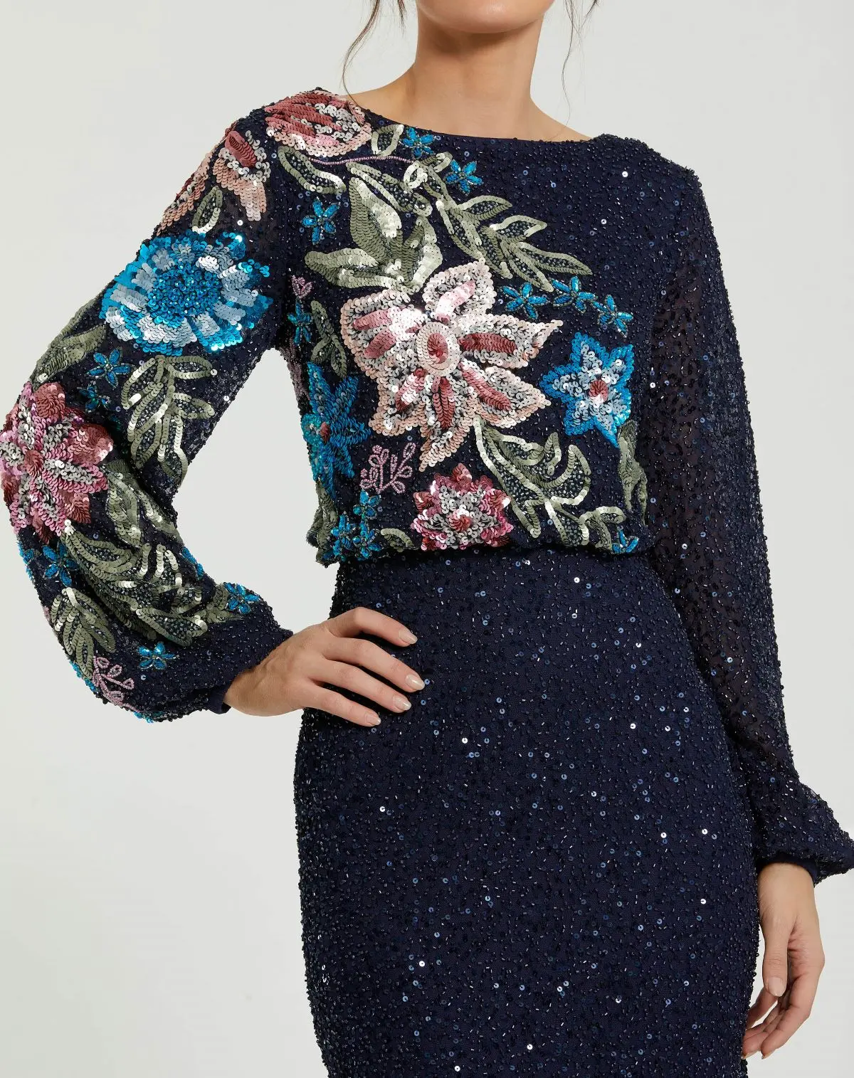 Navy Embellished Multi Color Floral High Neck Gown