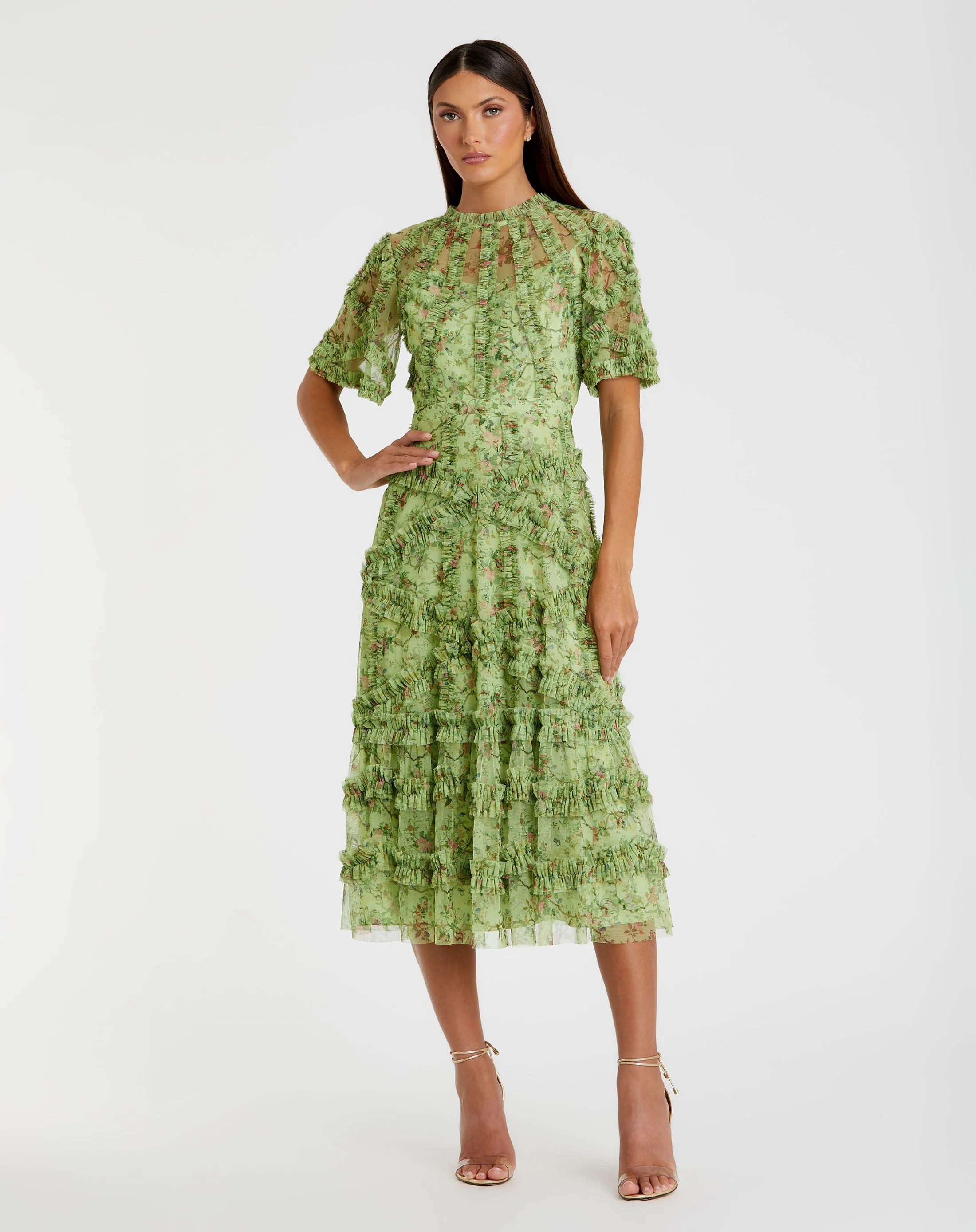 Green Floral Flutter Sleeve Mesh Print Dress