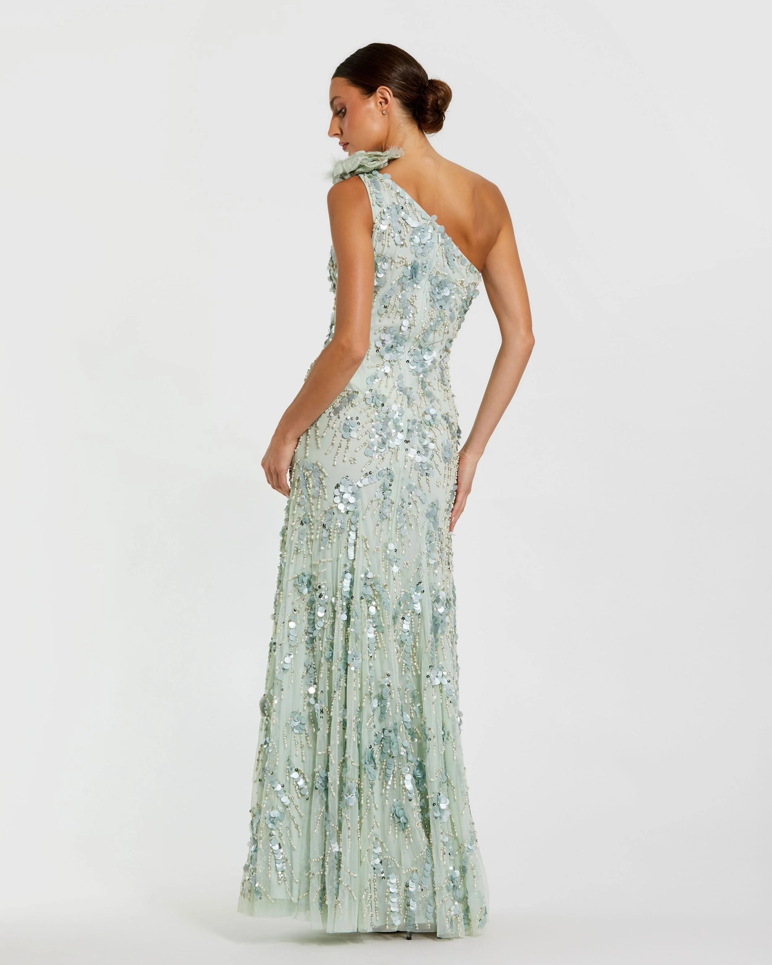 Green Embellished One Shoulder Trumpet Gown with Flower