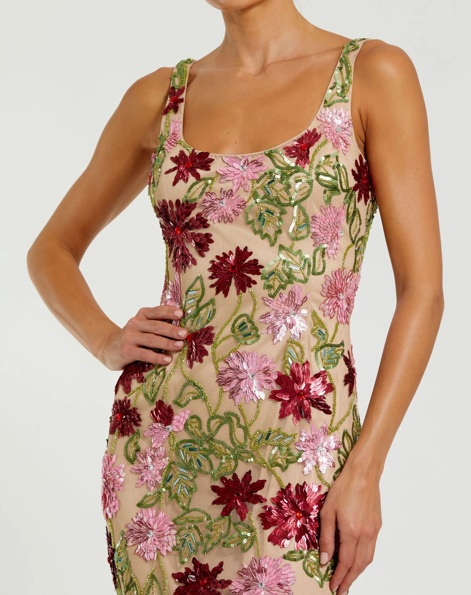 Beige Floral Beaded Scoop Neck Midi Dress