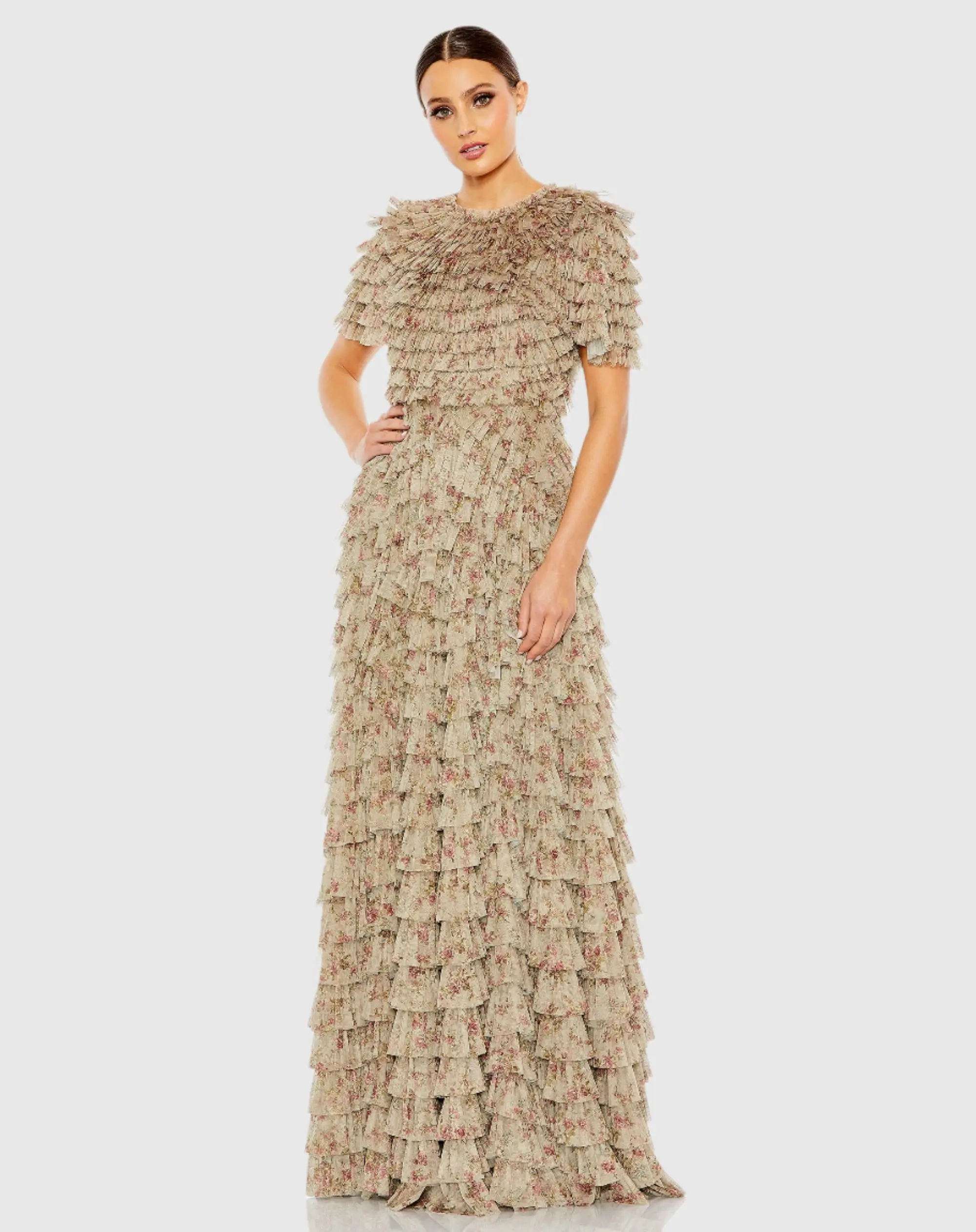 Beige Ruffle Tiered Short Sleeve A Line Gown