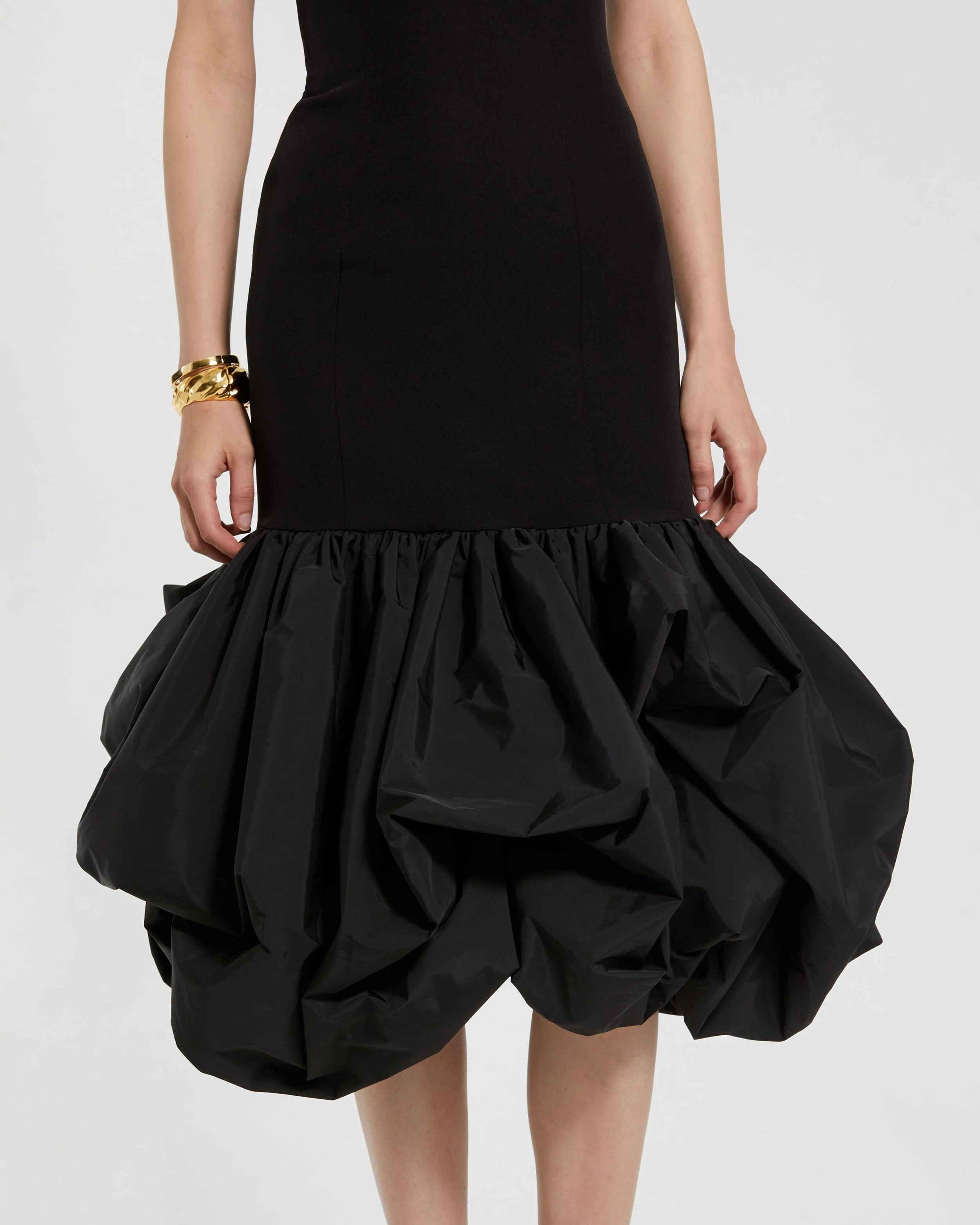 Black Strapless Crepe Midi Dress With Bubble Hem