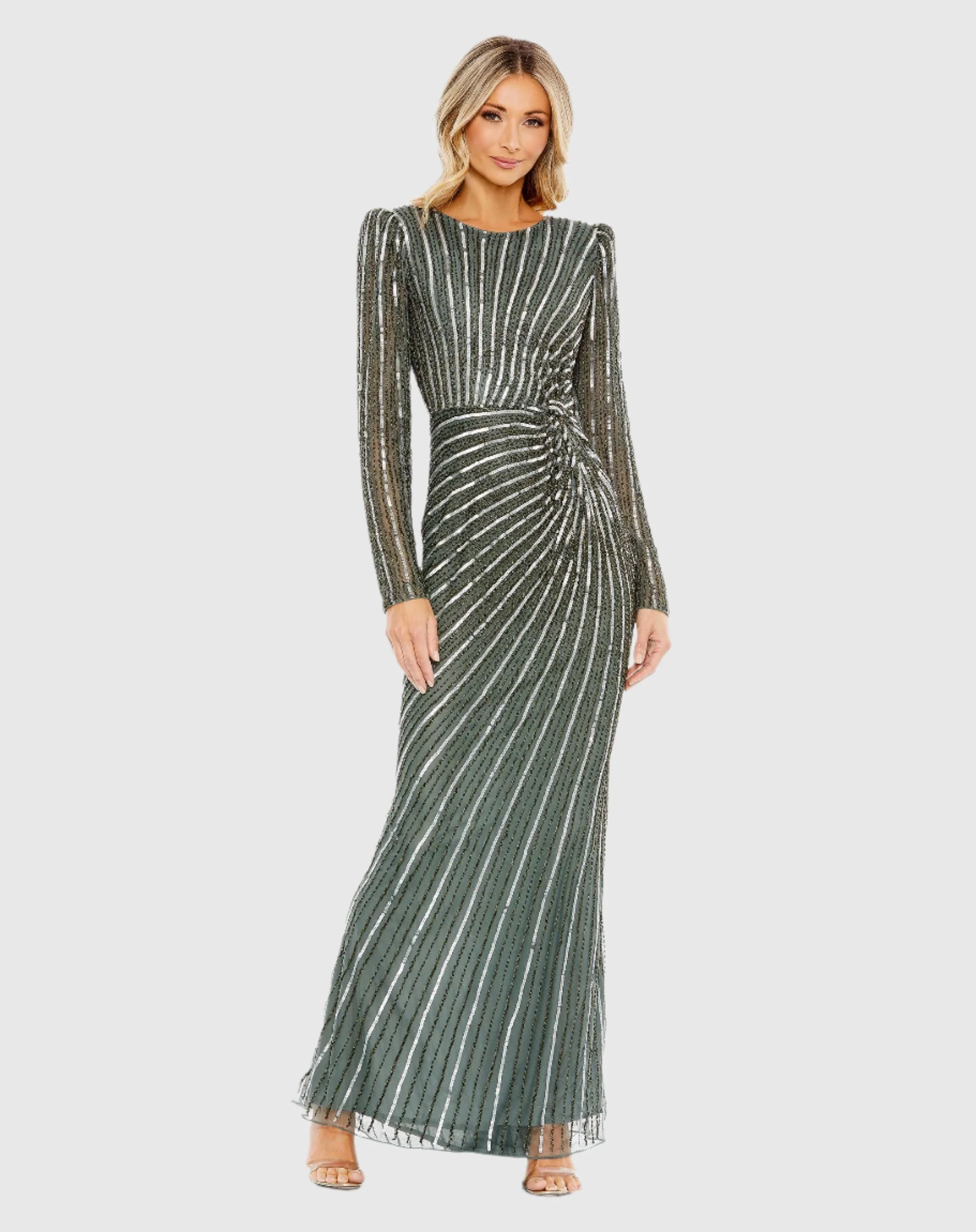 Gray Embellished Puff Sleeve Side Knot Gown