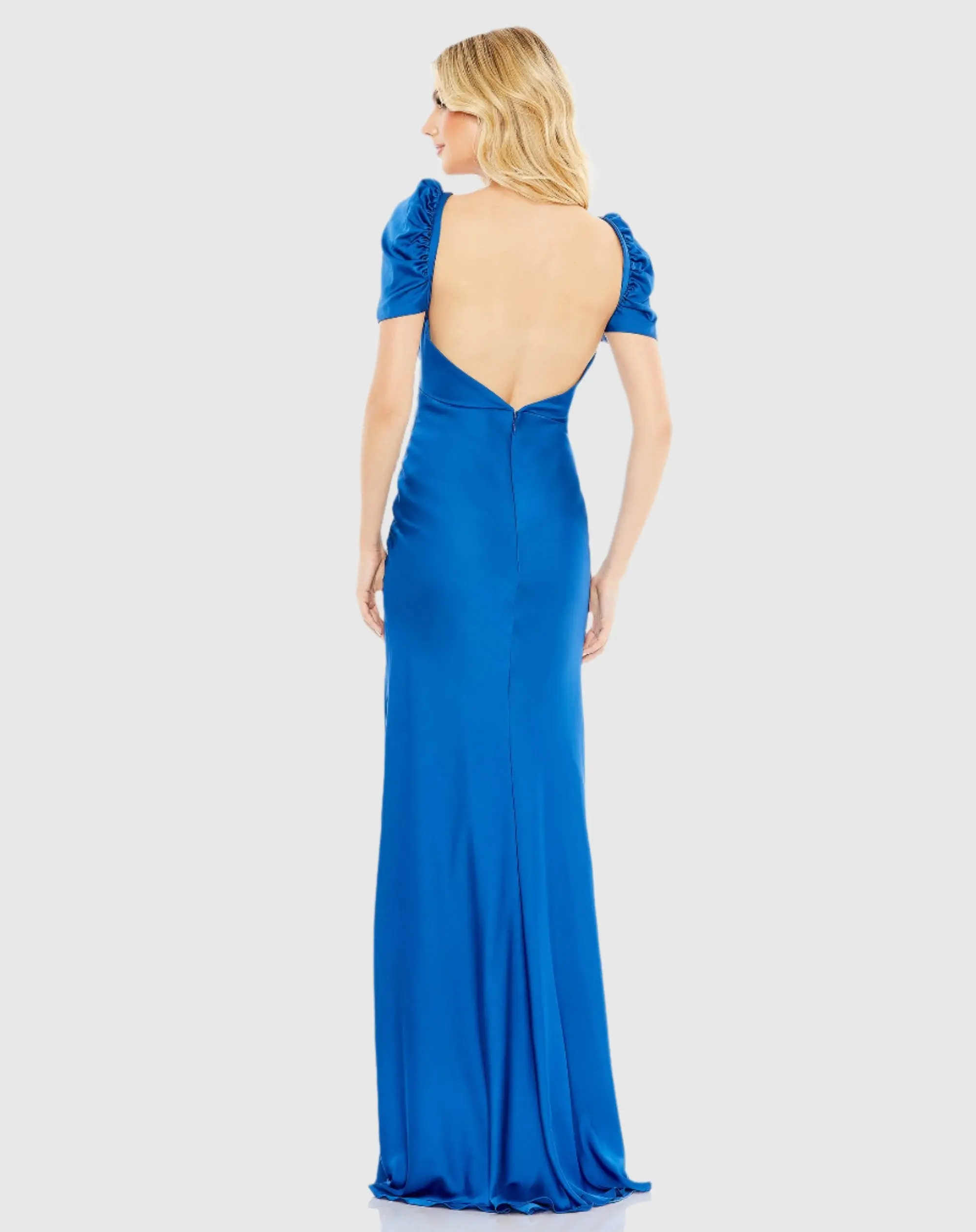 Blue Charmeuse Cap Sleeve Empire Waist Gown