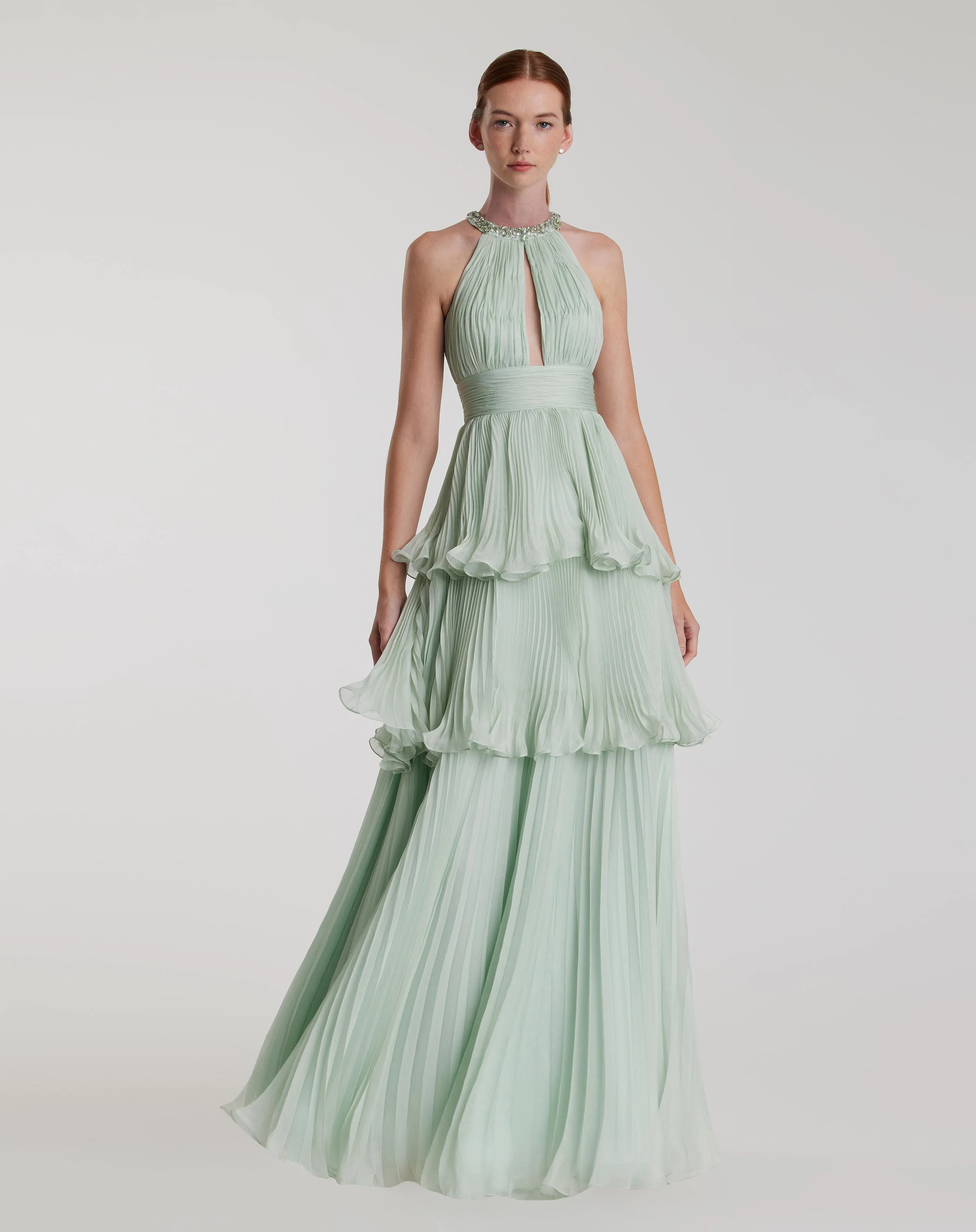 Green High Neck Chiffon Tiered Gown with Cut Out