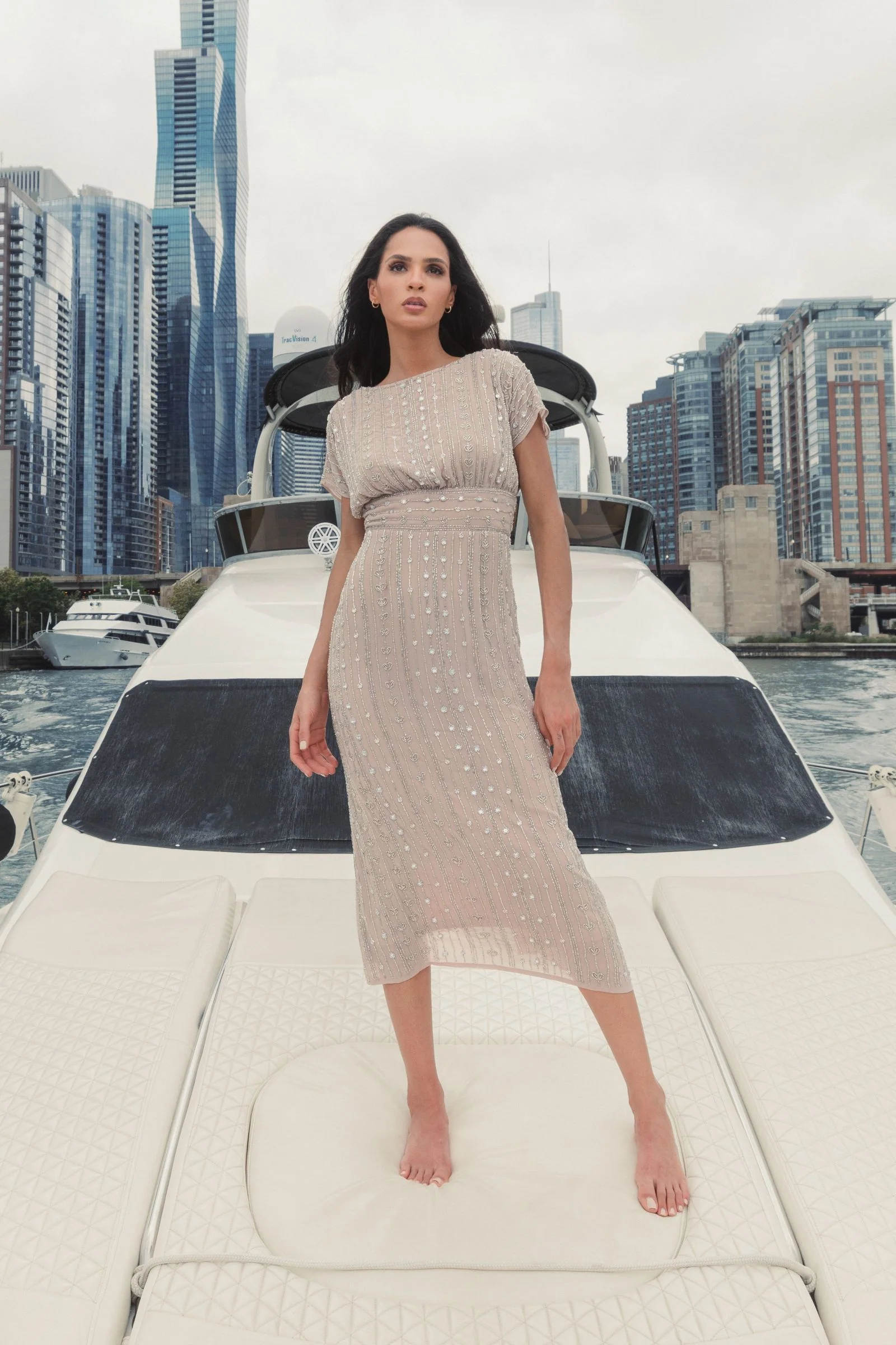 Beige Beaded Cap Sleeve Empire Waist Sheath Midi Dress