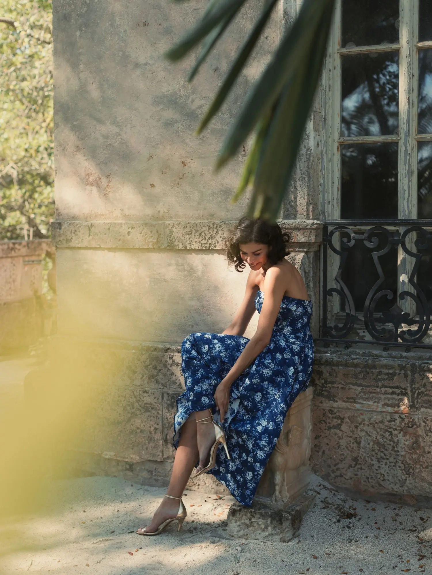 Blue Strapless Brocade Midi Dress